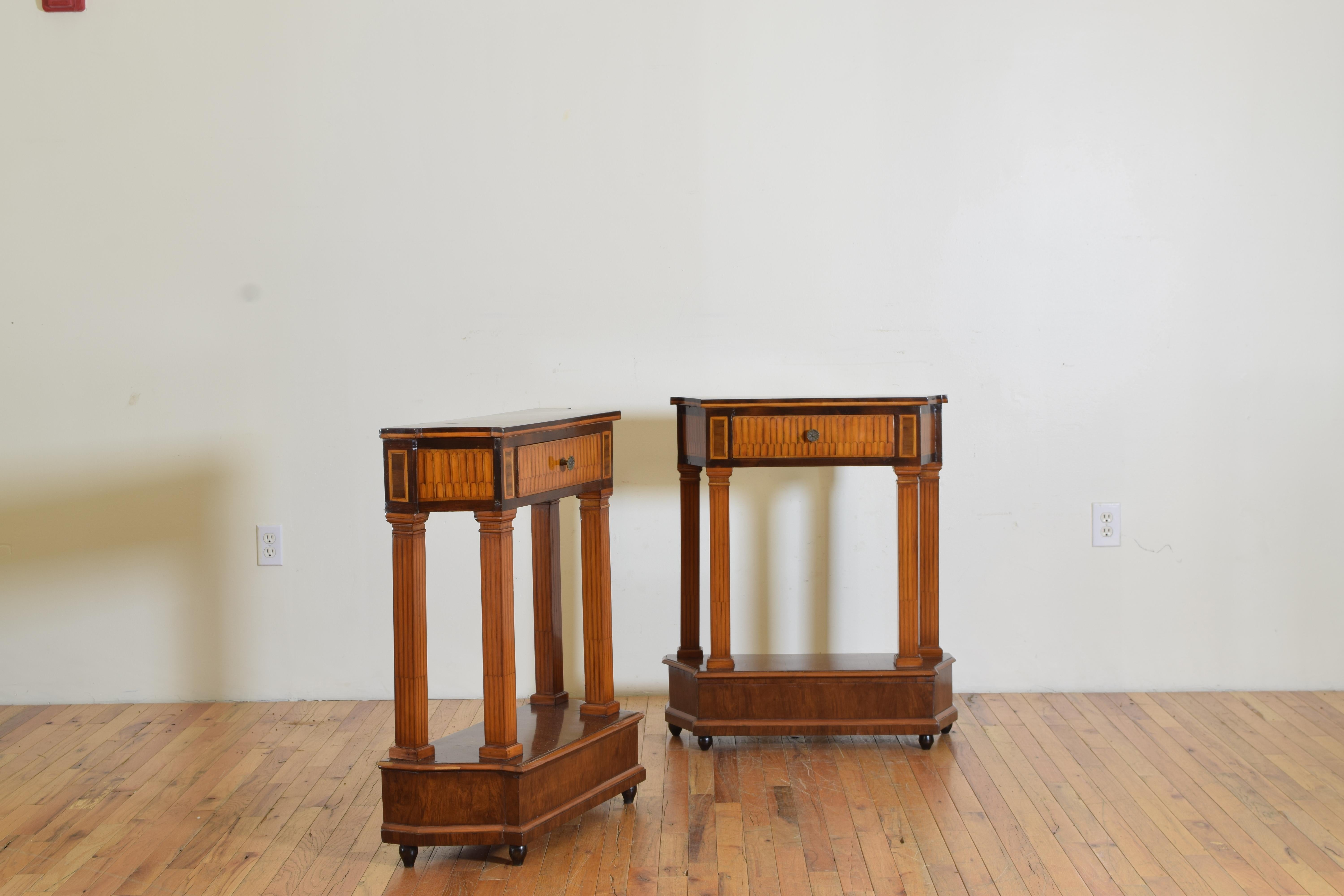 Pair Italian Neoclassical Style Walnut & Mixed Veneer 1-Drawer Cabinets ca. 1900 In Good Condition In Atlanta, GA