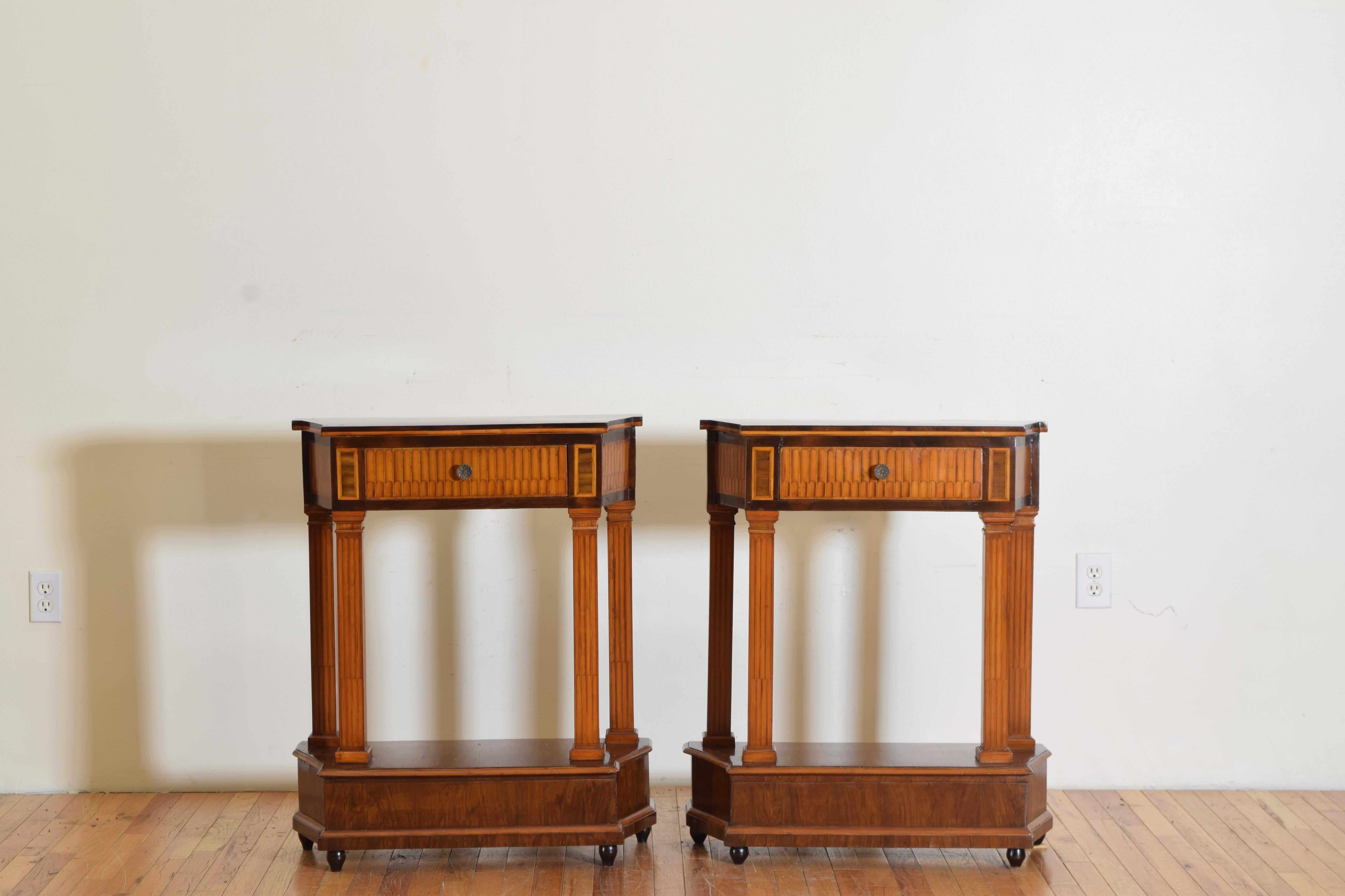 Early 20th Century Pair Italian Neoclassical Style Walnut & Mixed Veneer 1-Drawer Cabinets ca. 1900