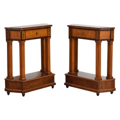 Pair Italian Neoclassical Style Walnut & Mixed Veneer 1-Drawer Cabinets ca. 1900