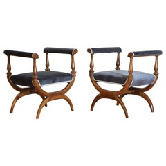 Pair Italian Neoclassical Walnut & Upholstered Curule-Form Benches, 2nd Q 19th C