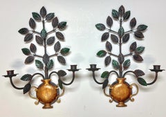 Pair Italian Neoclassical Wrought Iron & Gilt Urn Candle Sconces