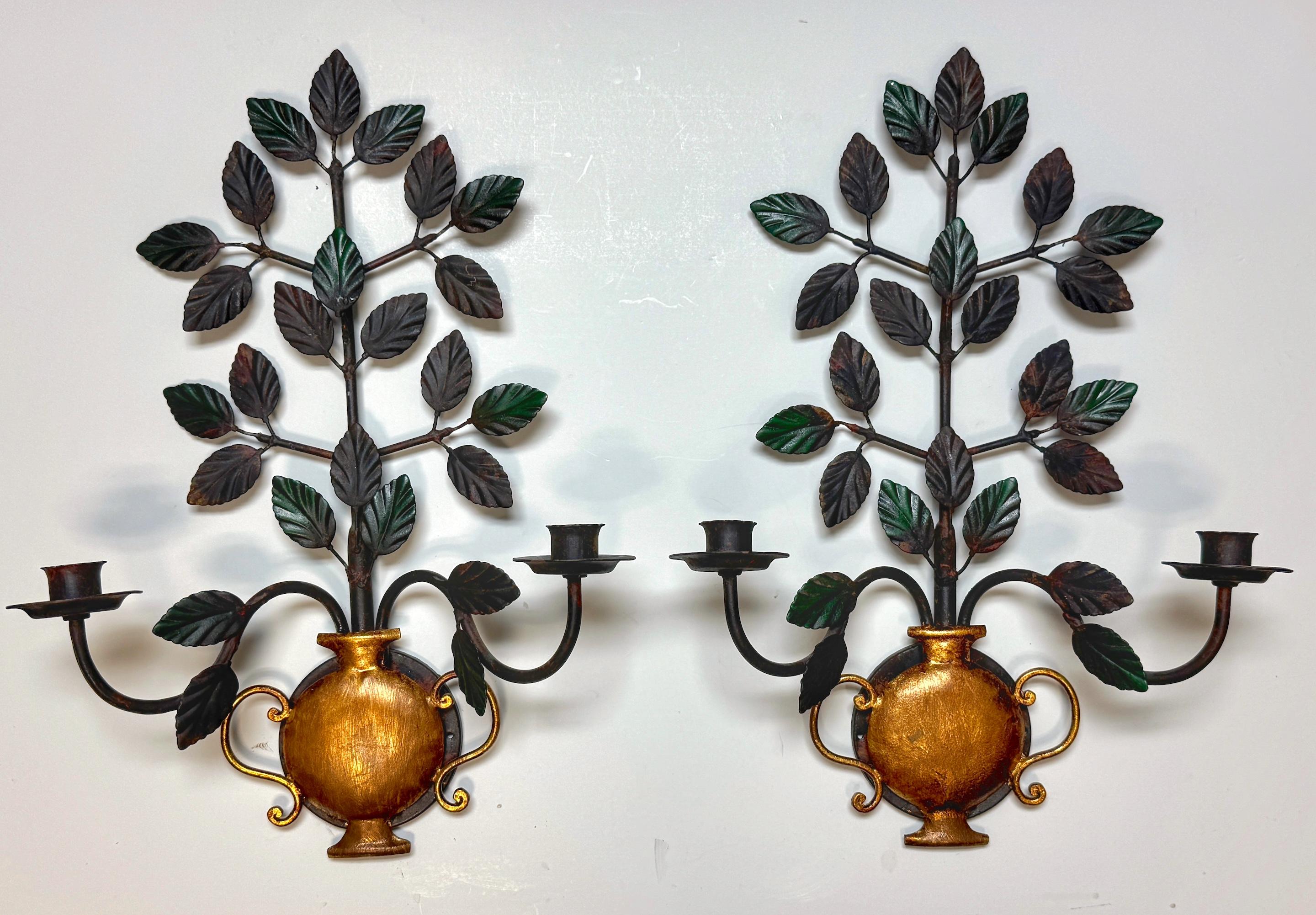 Polychromed Pair Italian Neoclassical Wrought Iron & Gilt Urn Candle Sconces For Sale