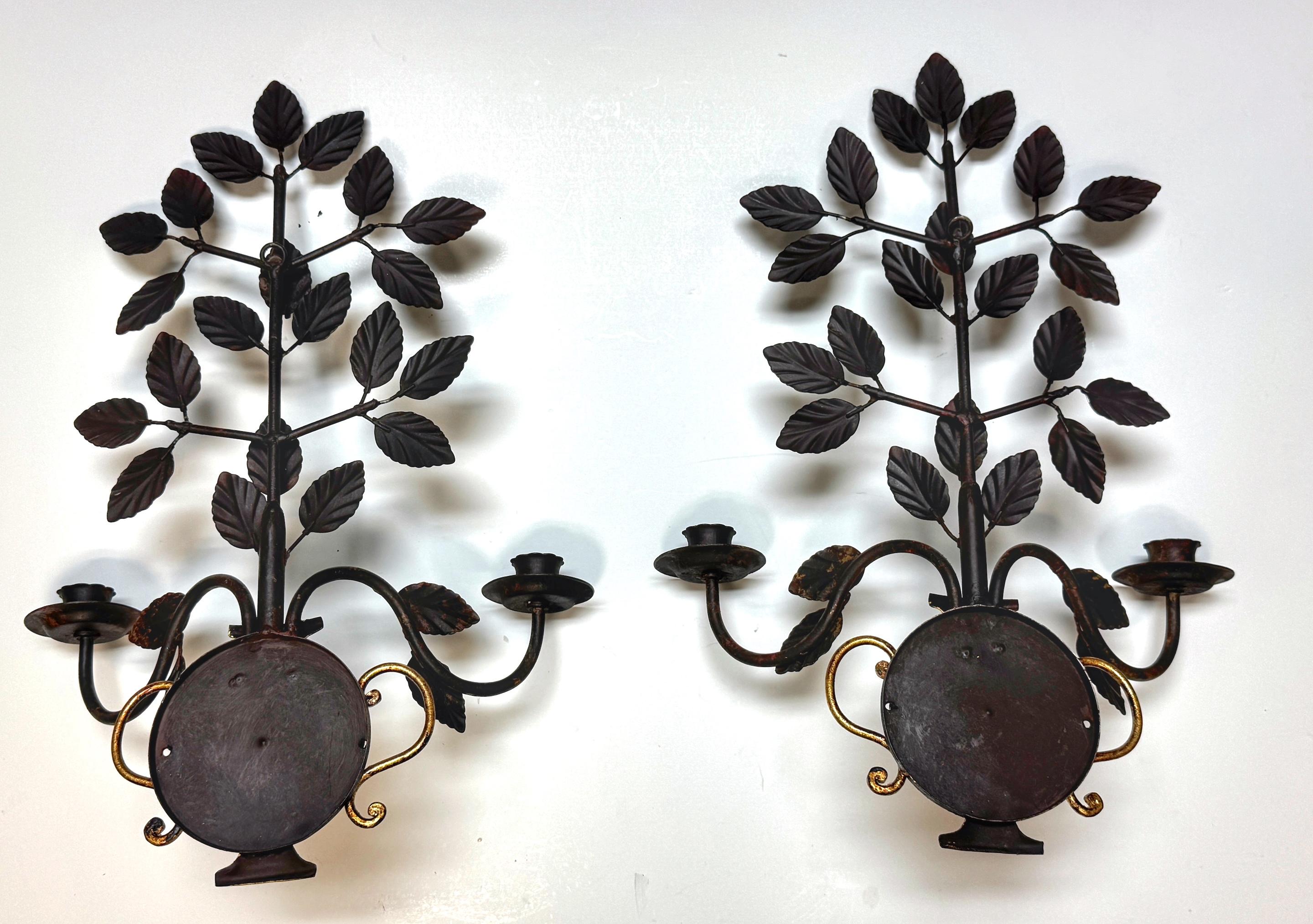Pair Italian Neoclassical Wrought Iron & Gilt Urn Candle Sconces In Good Condition For Sale In West Palm Beach, FL