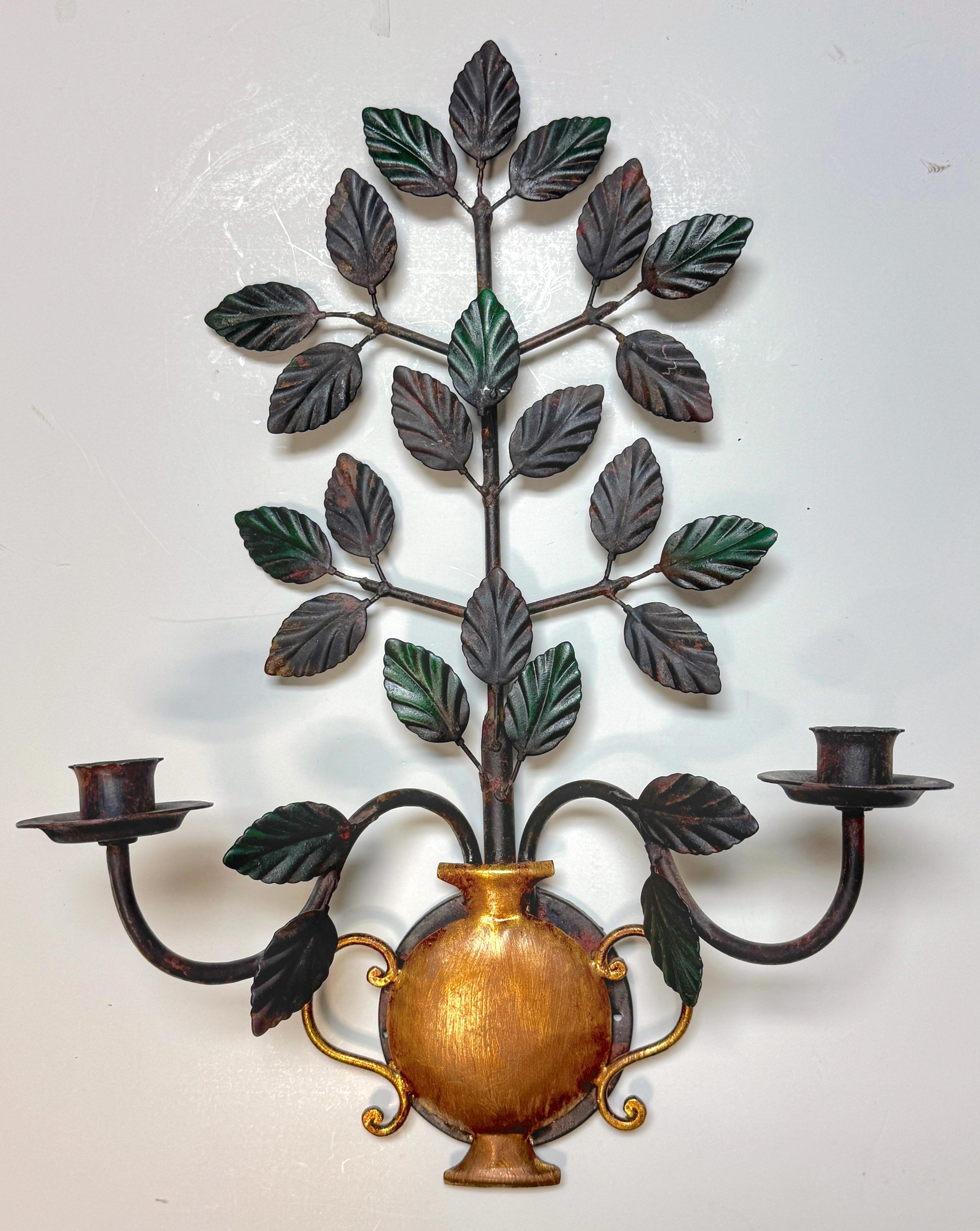 Contemporary Pair Italian Neoclassical Wrought Iron & Gilt Urn Candle Sconces For Sale