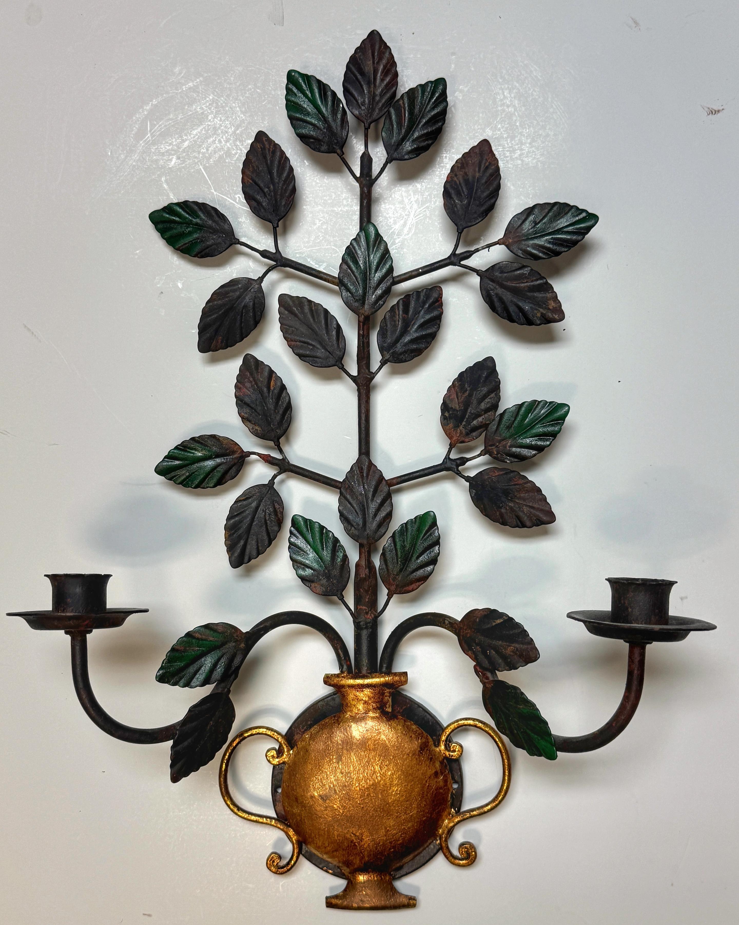 Pair Italian Neoclassical Wrought Iron & Gilt Urn Candle Sconces For Sale 1