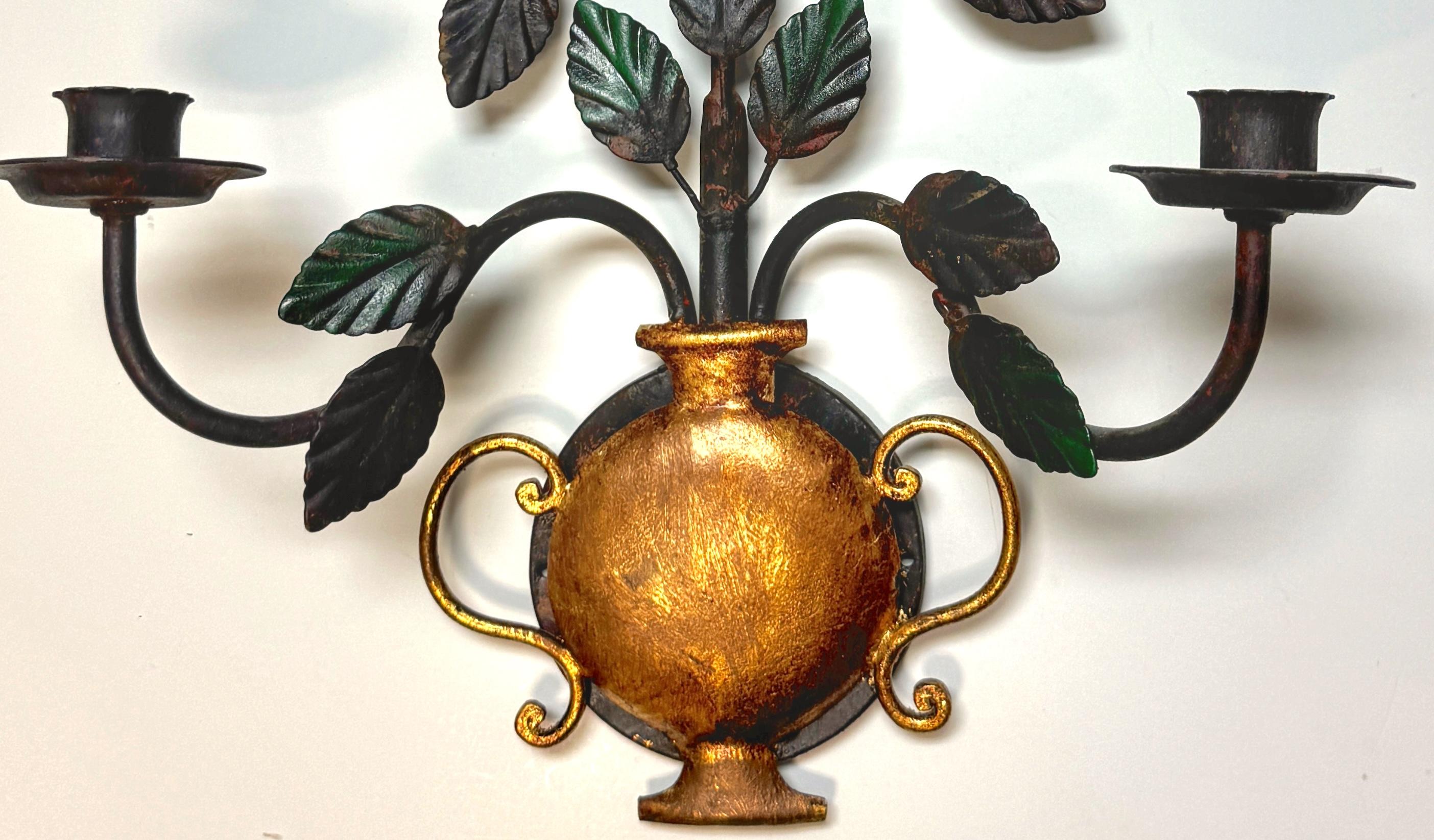Pair Italian Neoclassical Wrought Iron & Gilt Urn Candle Sconces For Sale 2