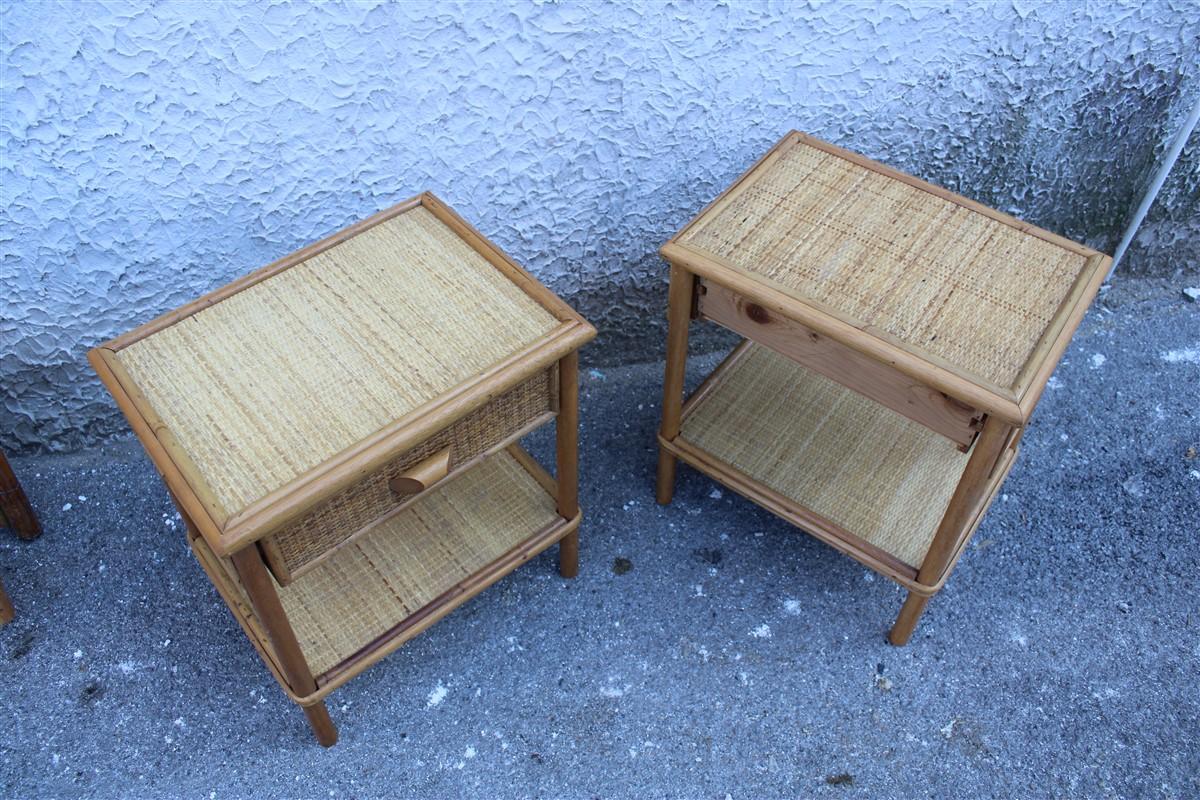 Pair Italian Night Stands Midcentury Desgn Solid Bamboo with Drawer and Shelf 5