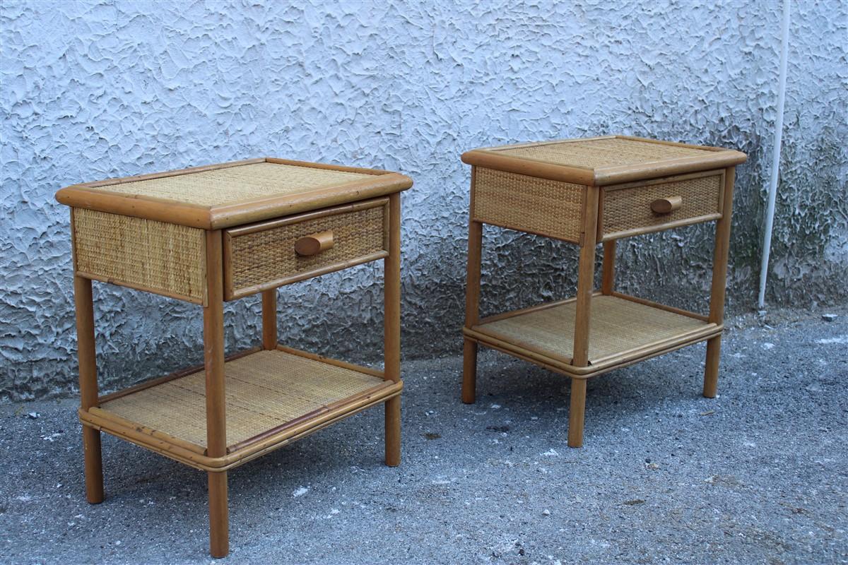 Pair Italian Night Stands midcentury desgn Solid Bamboo with drawer and shelf.