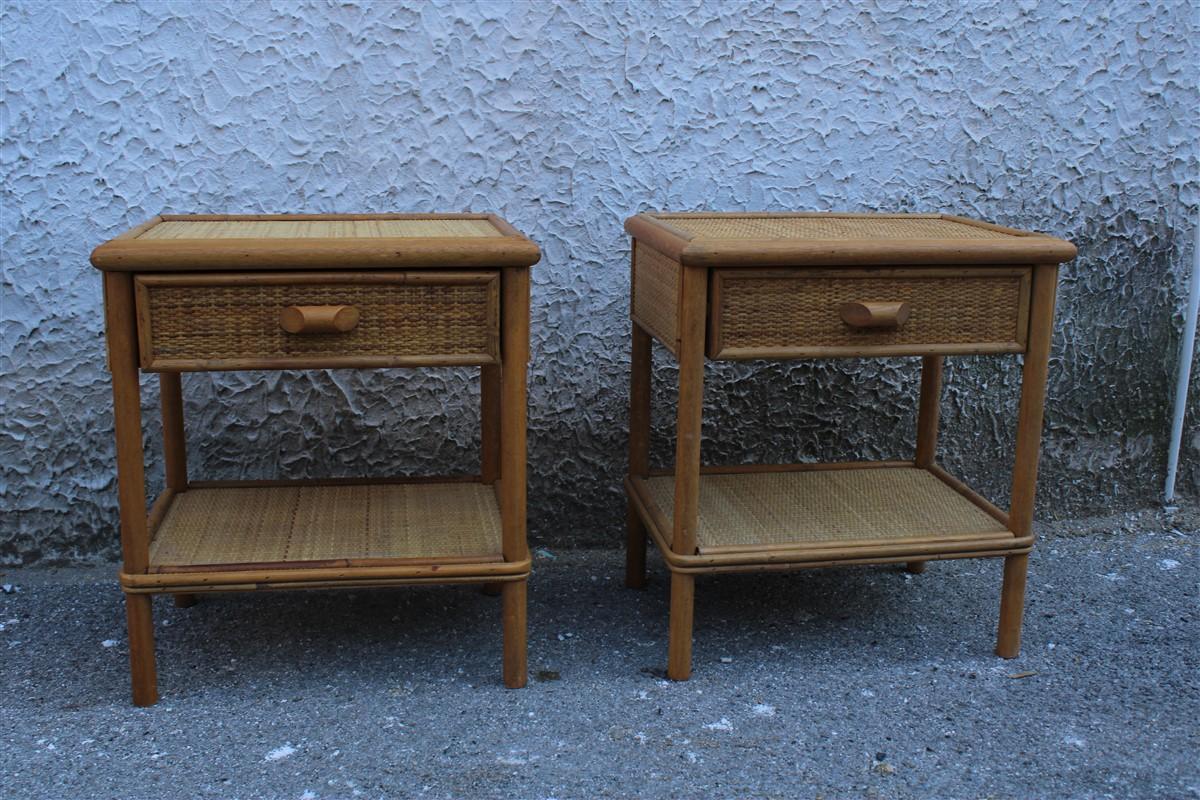 Mid-Century Modern Pair Italian Night Stands Midcentury Desgn Solid Bamboo with Drawer and Shelf