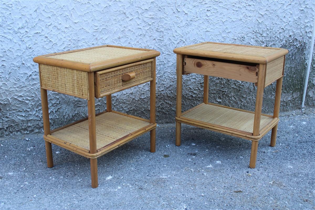 Pair Italian Night Stands Midcentury Desgn Solid Bamboo with Drawer and Shelf In Good Condition In Palermo, Sicily