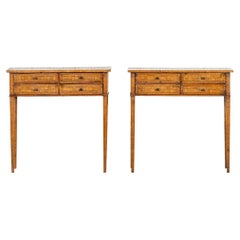 Pair Italian Oak Parquetry Inlaid Four Drawer Side Tables