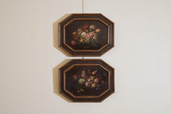 Pair Italian Oils on Canvas, Floral Still Lifes, Period Octagonal Frames, 1850s