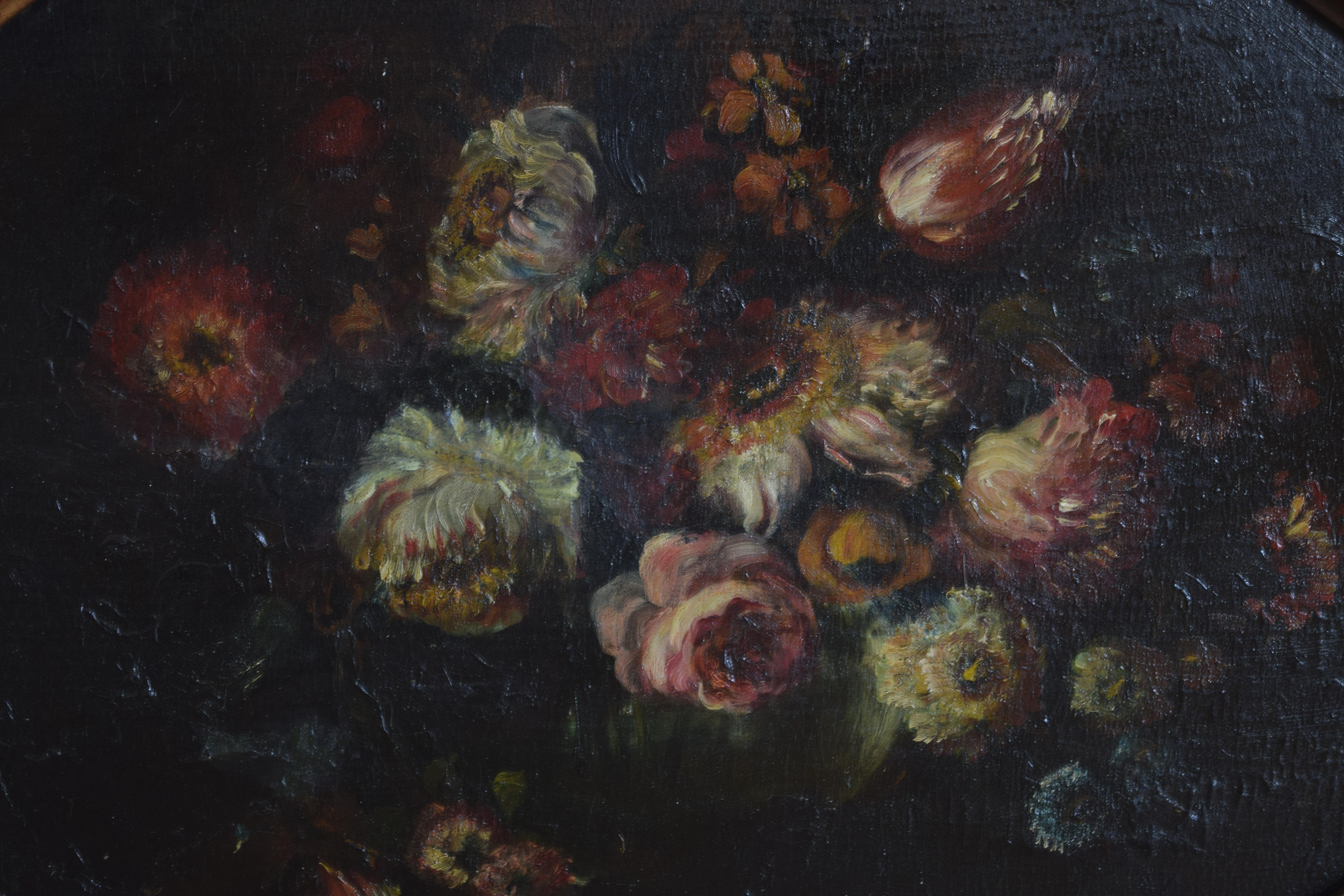 Pareja de óleos italianos sobre lienzo, naturalezas muertas florales, marcos octogonales de época, años 1850 siglo XIX en venta