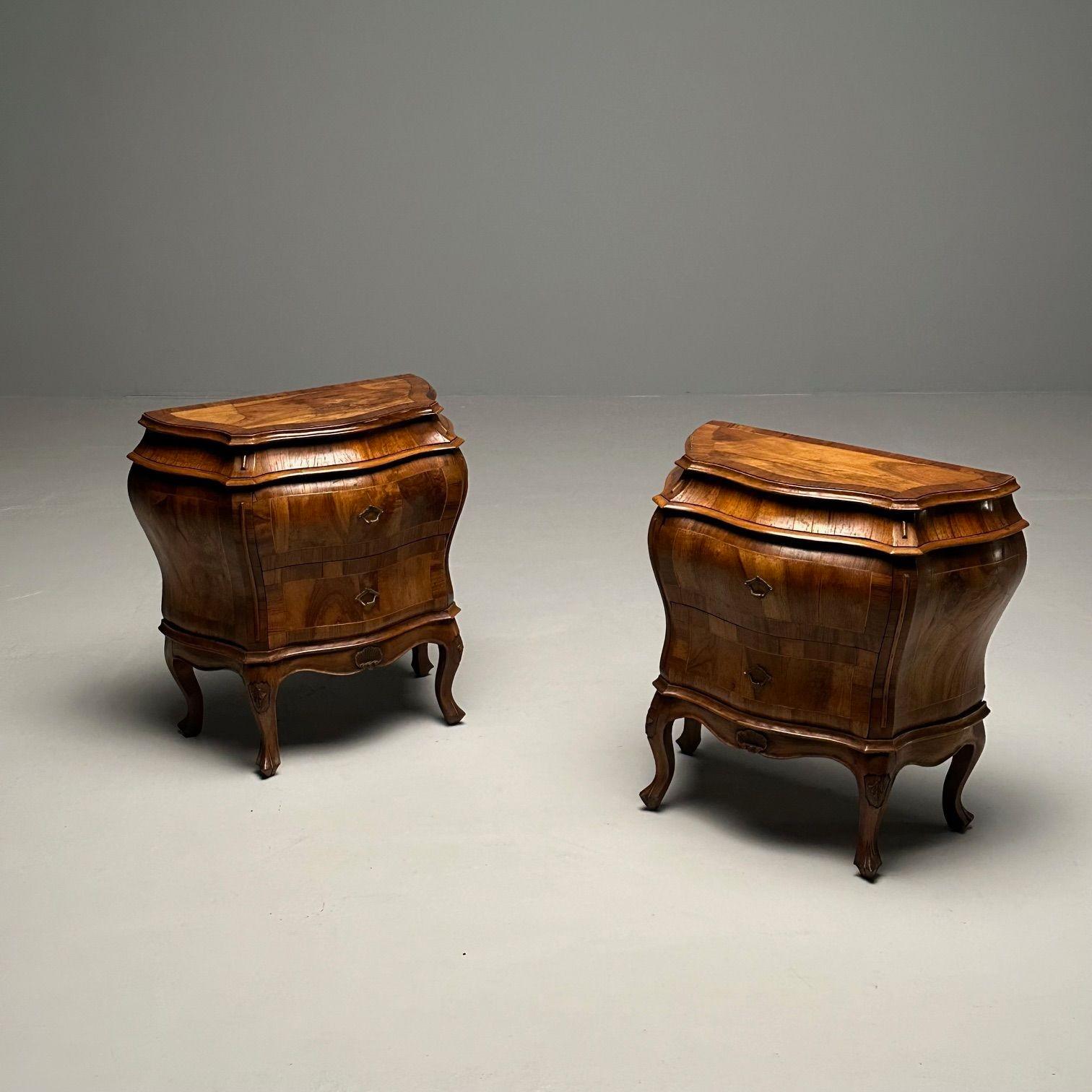 Italian Baroque, Small Commodes, Olive Wood, Brown Walnut, Italy, 1960s