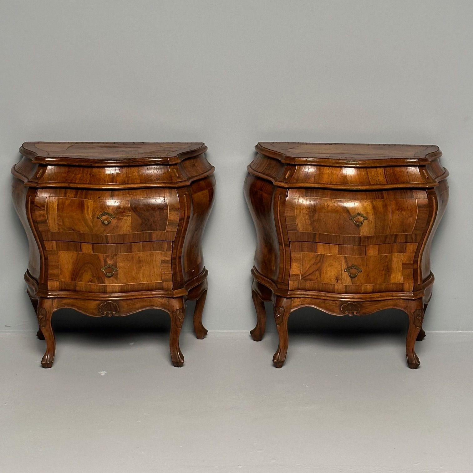Baroque, Small Commodes, Olive Wood, Brown Walnut, Italy, 1960s In Fair Condition In Stamford, CT