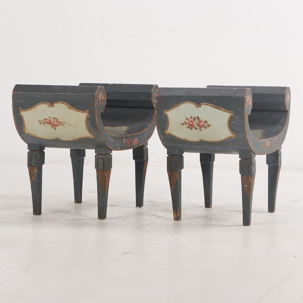 Classical Roman Pair Italian paint decorated Roman style wood benches C 1940 For Sale