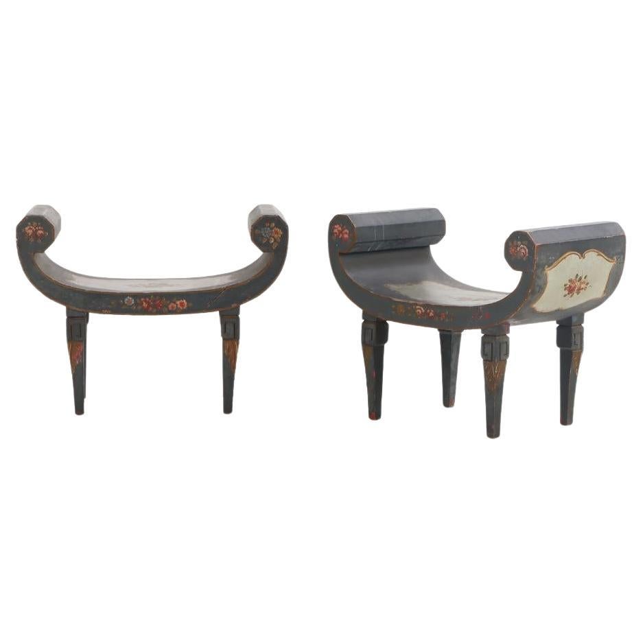 Pair Italian paint decorated Roman style wood benches C 1940 For Sale