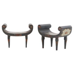 Pair Italian paint decorated Roman style wood benches C 1940