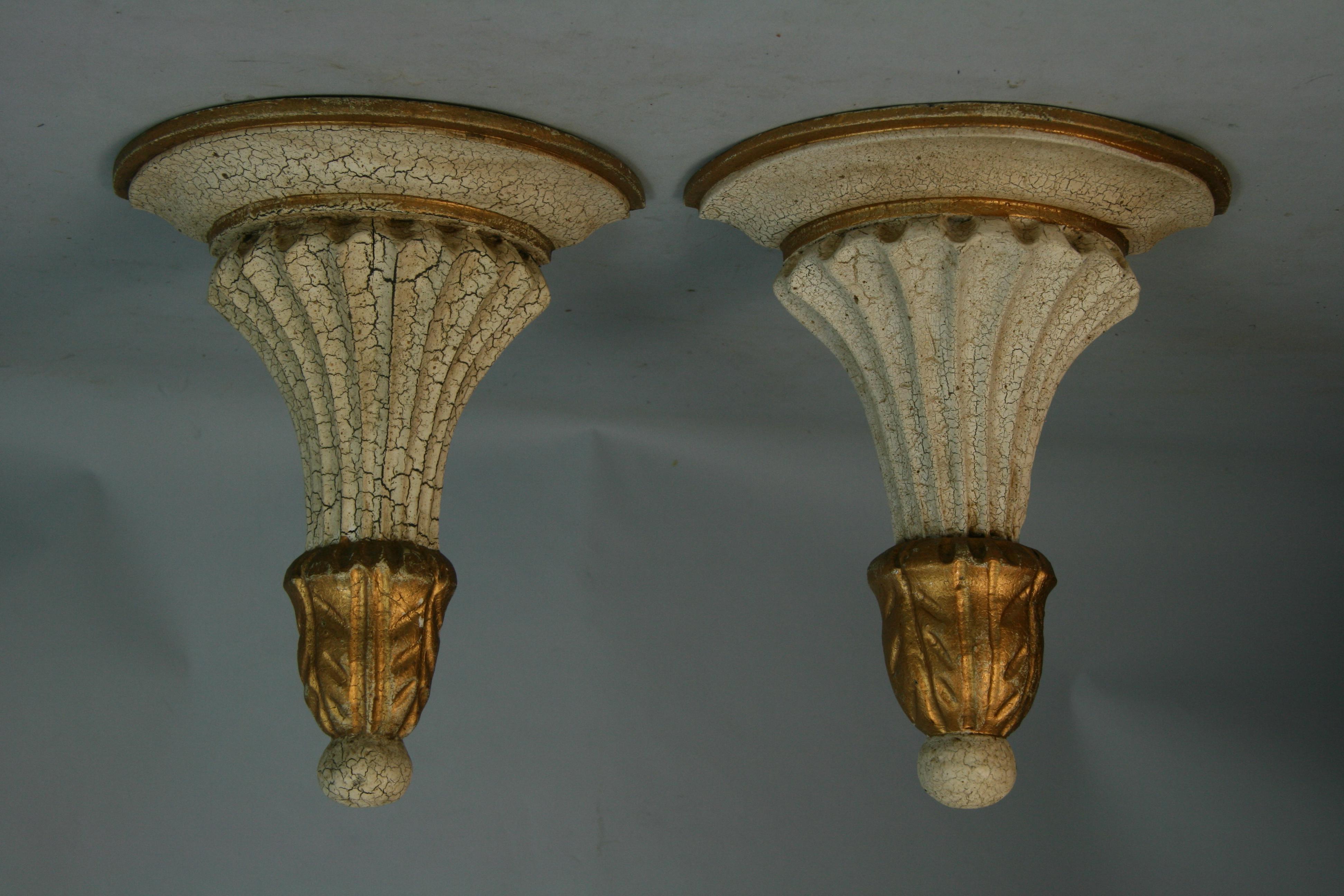 1550 Italian pair painted wood wall brackets with crackel and gilt finish