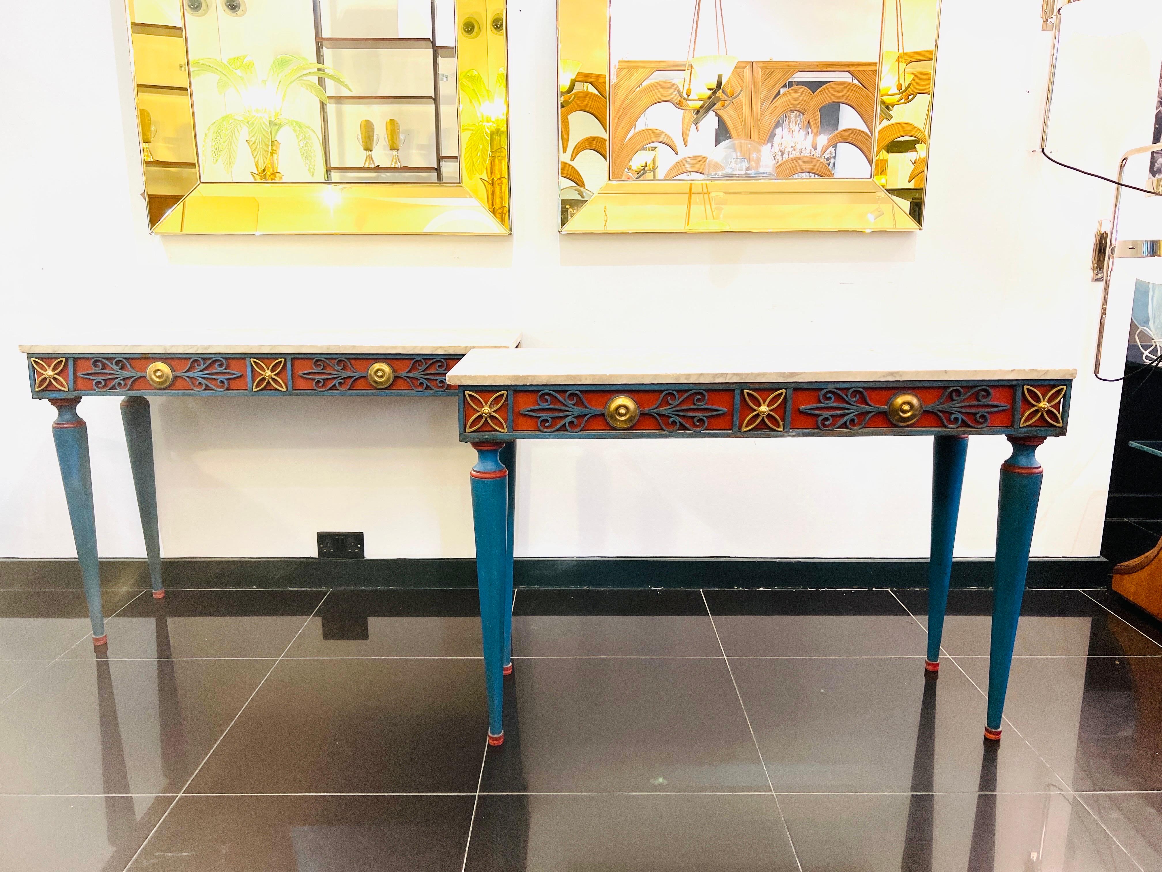 Pair italian painted wrought iron console tables with marble tops C1900 For Sale 4