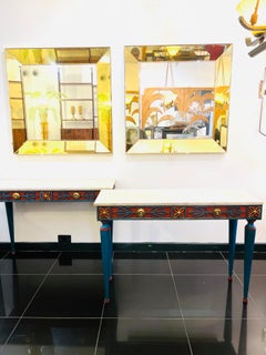 Pair italian painted wrought iron console tables with marble tops C1900