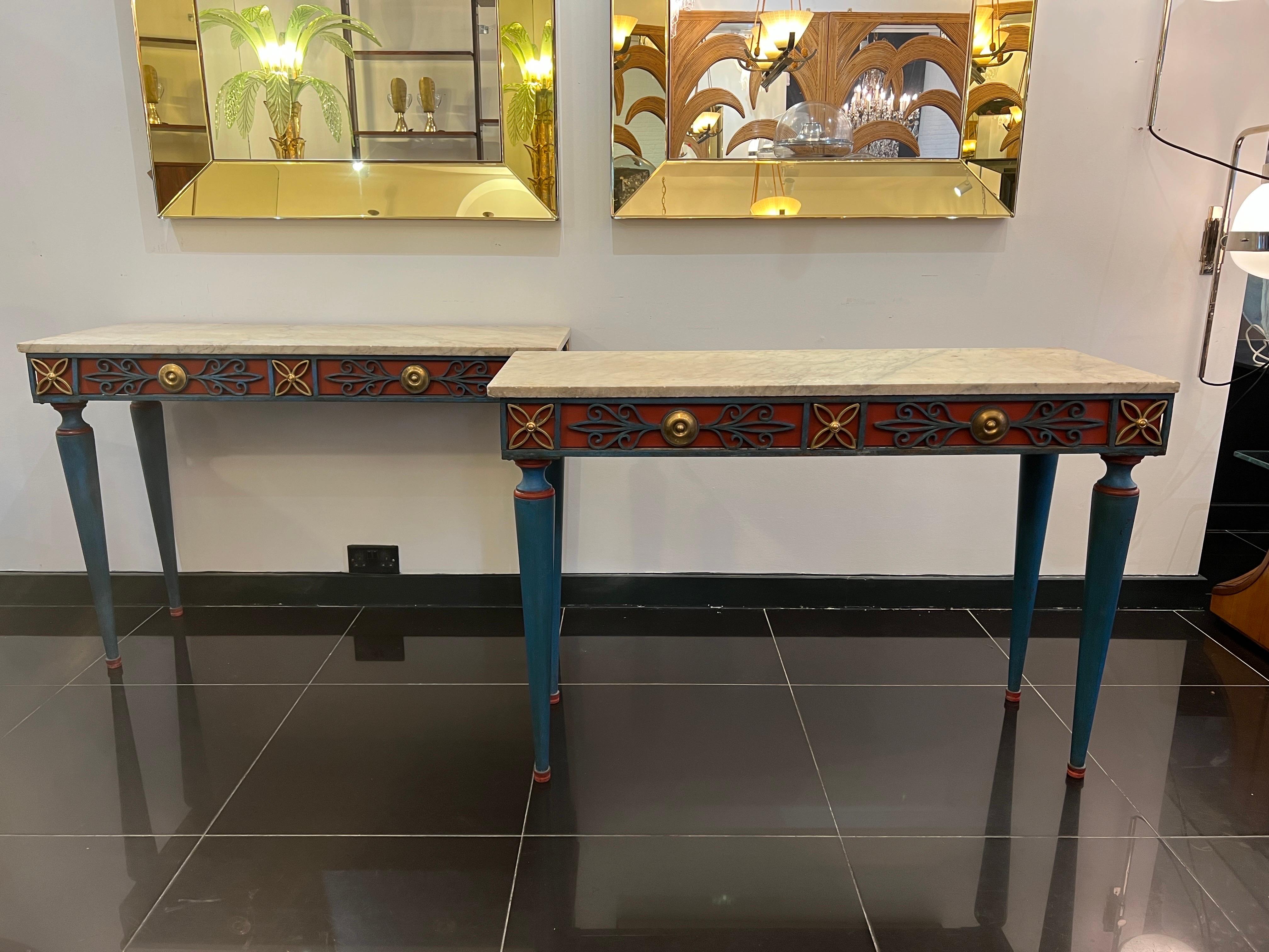 Pair italian painted wrought iron console tables with marble tops C1900 In Fair Condition For Sale In London, GB