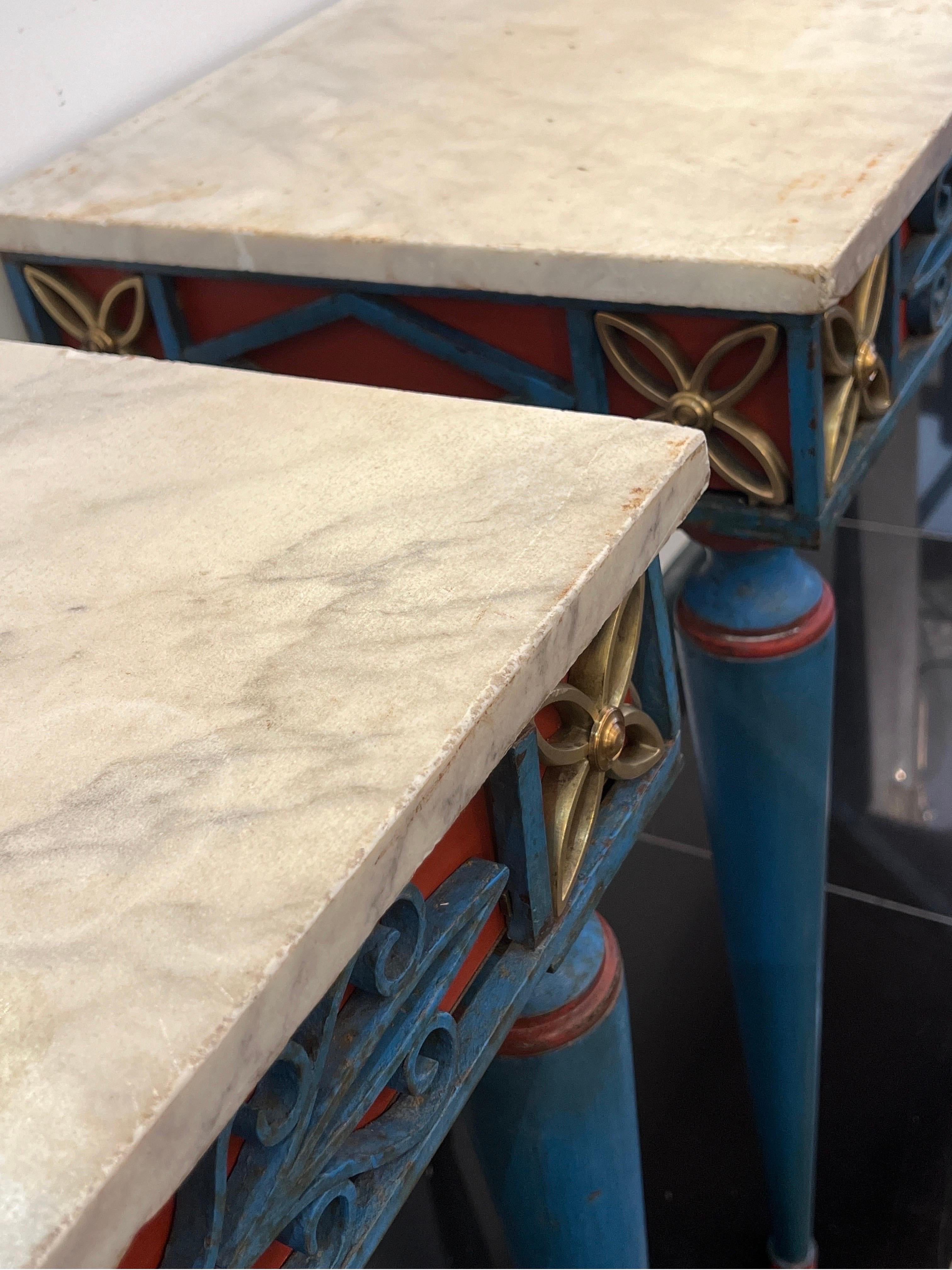 Wrought Iron Pair italian painted wrought iron console tables with marble tops C1900 For Sale