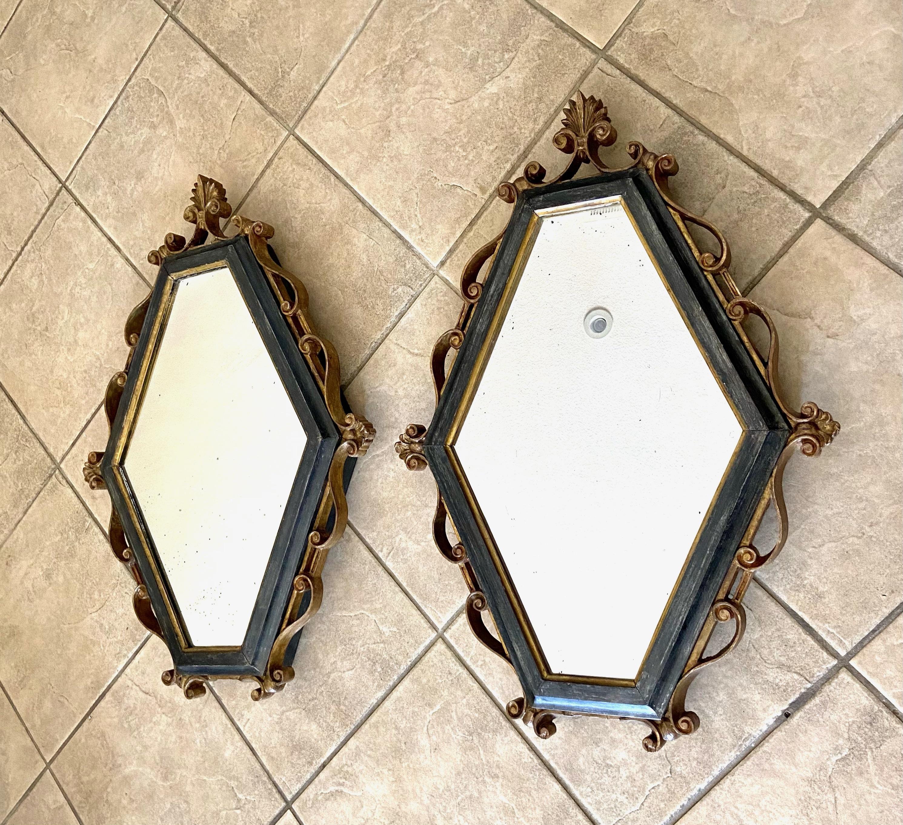 Pair Italian Palladio Gilt Wood Painted Wall Mirror In Good Condition For Sale In Palm Springs, CA