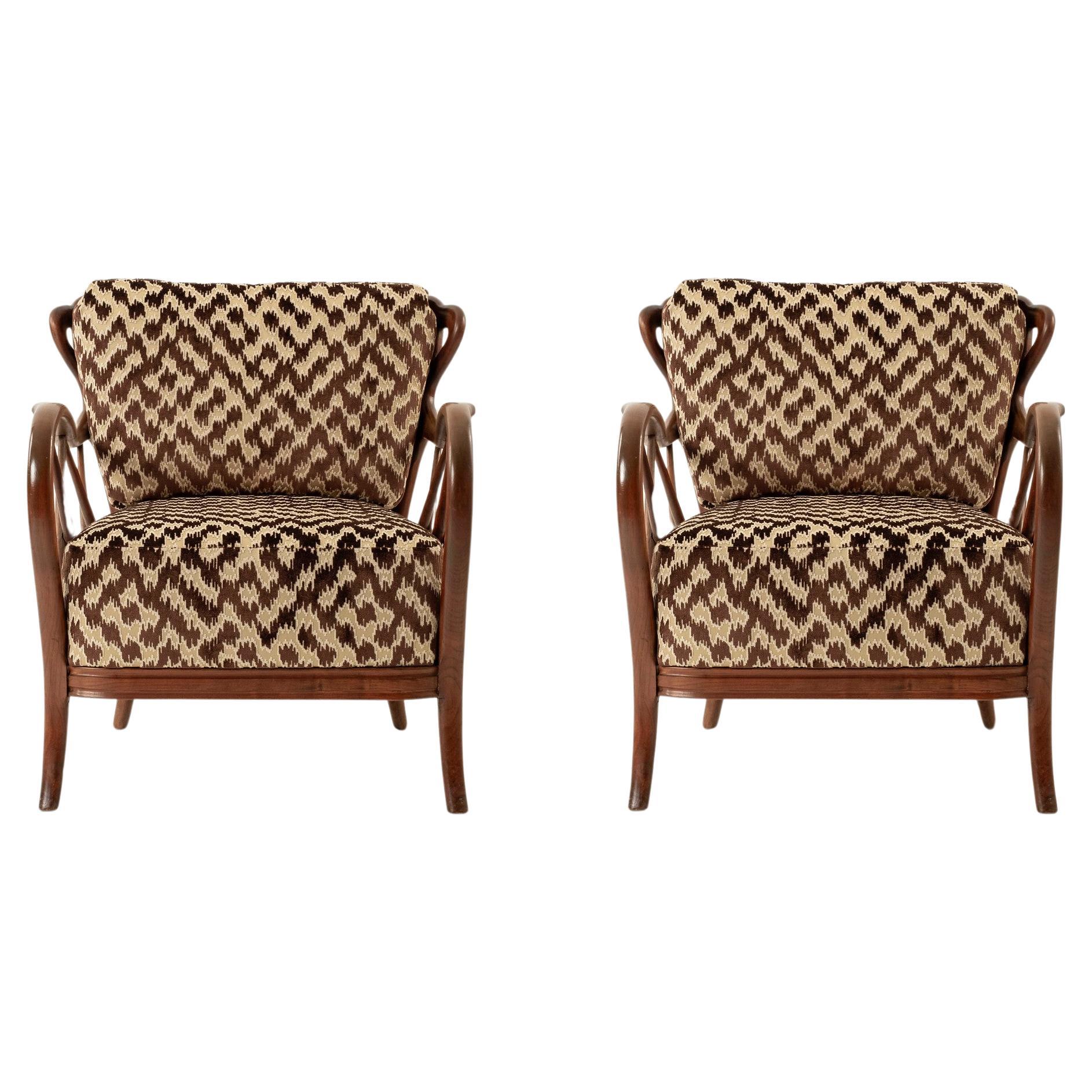 Paire de chaises longues italiennes en velours Brown de style Paolo Buffa en vente