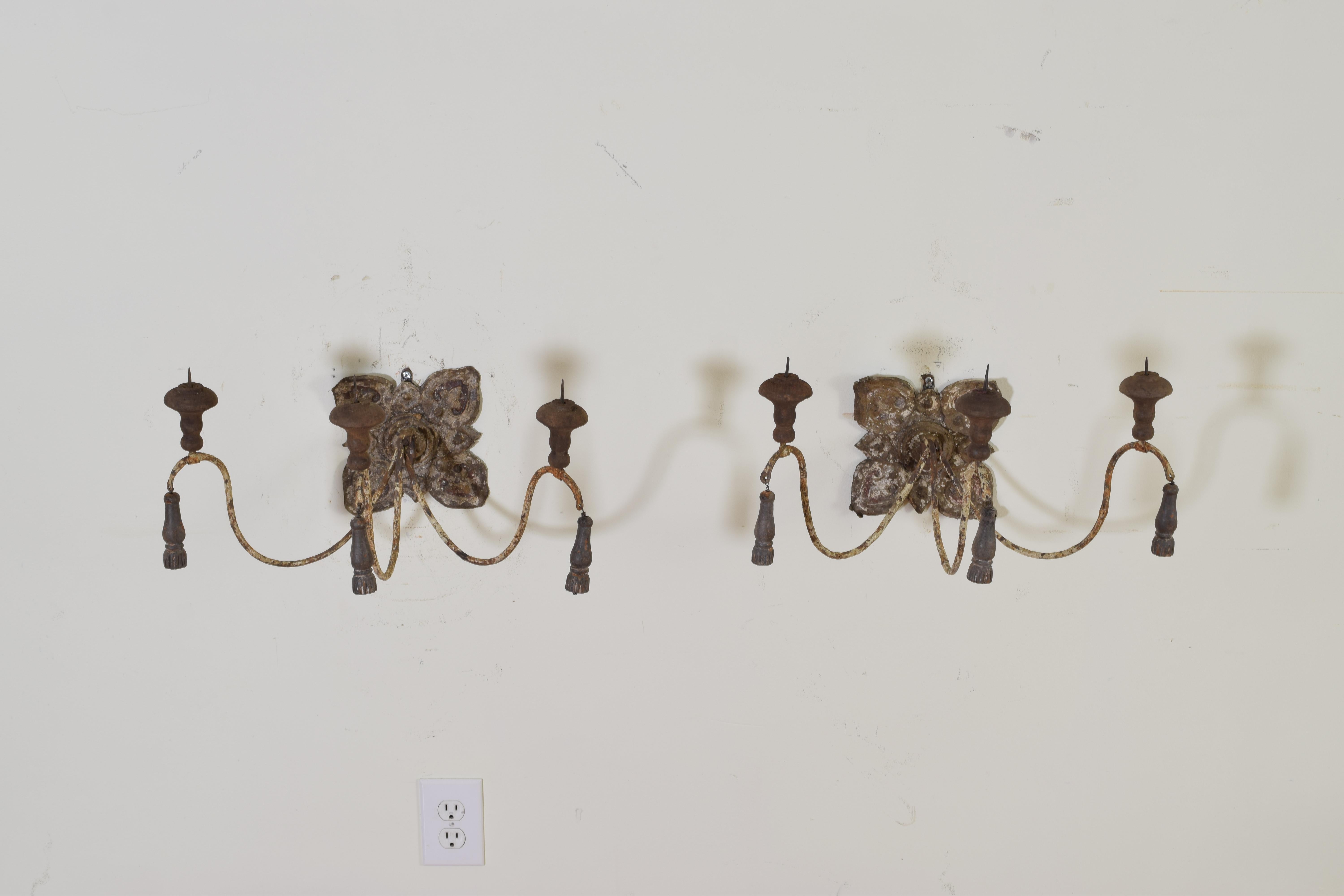 Pair of  Italian Papier Mache', Iron, and Wooden 3-Arm Sconces 19th-20th Century In Good Condition In Atlanta, GA