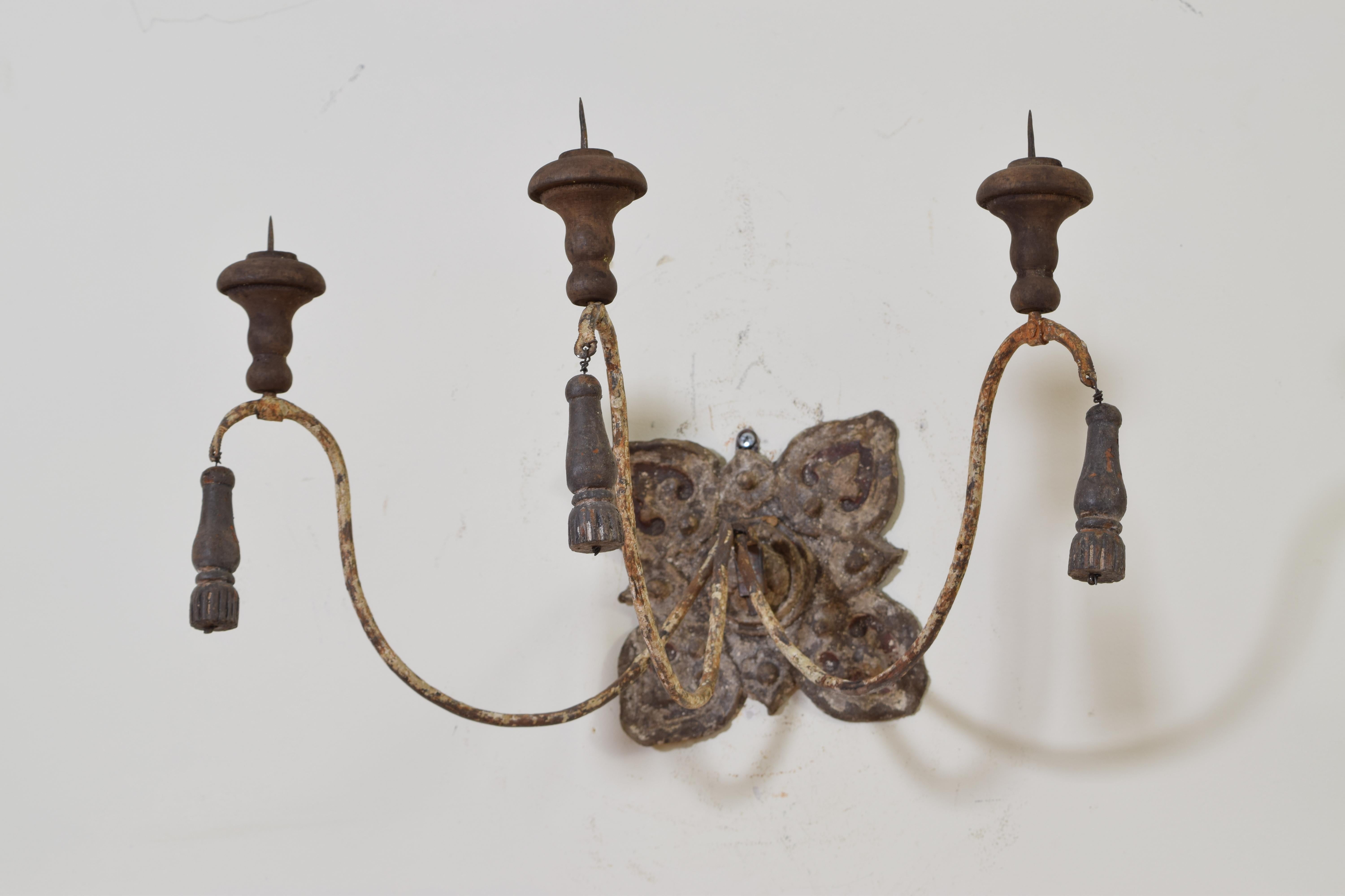 19th Century Pair of  Italian Papier Mache', Iron, and Wooden 3-Arm Sconces 19th-20th Century