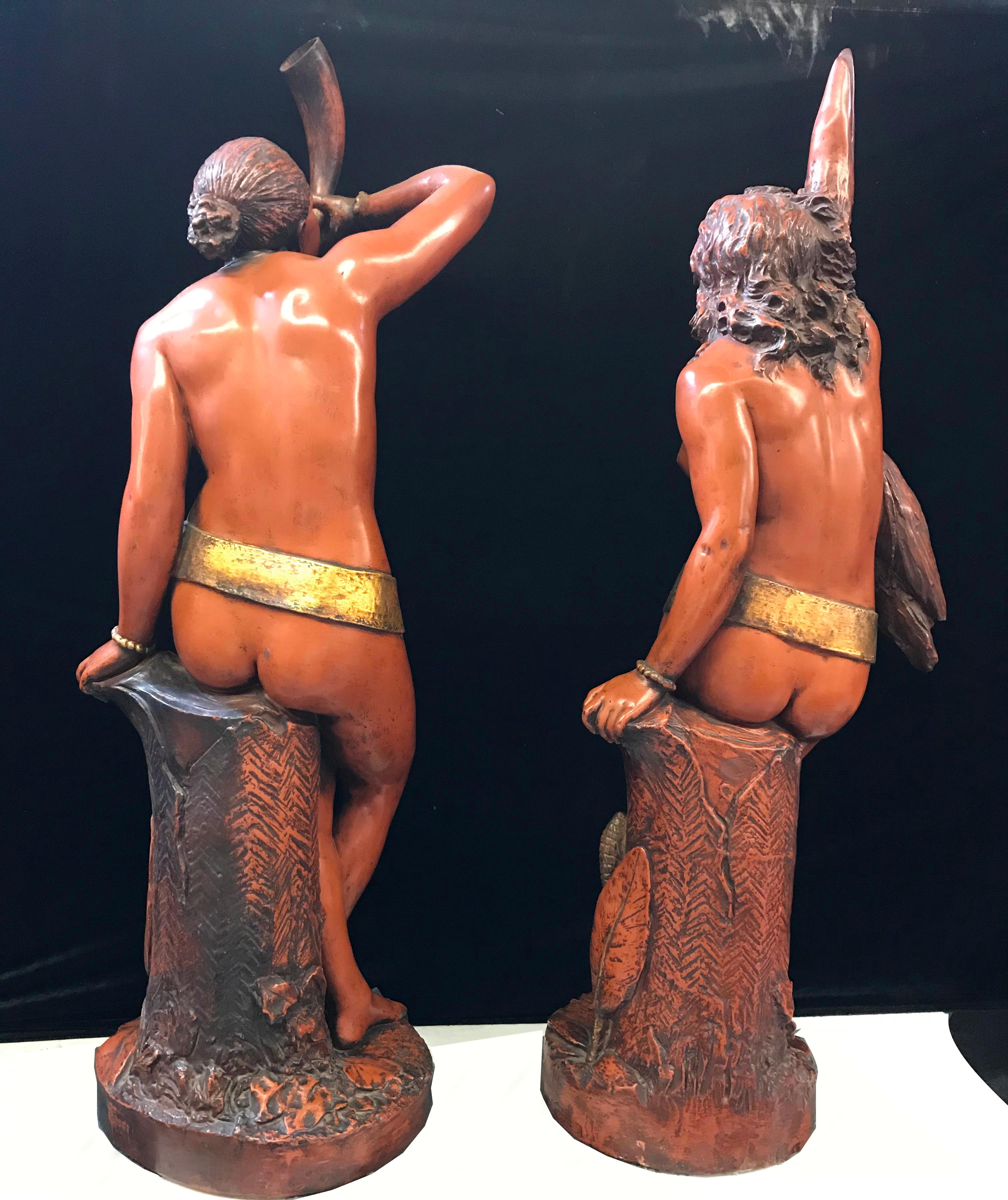 Exquisite pair of 19th century Italian parcel gilt terracotta figures
The beautifully sculptured terracotta nude women are nicely proportioned, meticulous attention given to every detail, one blowing the horn and the other holding a goose, both