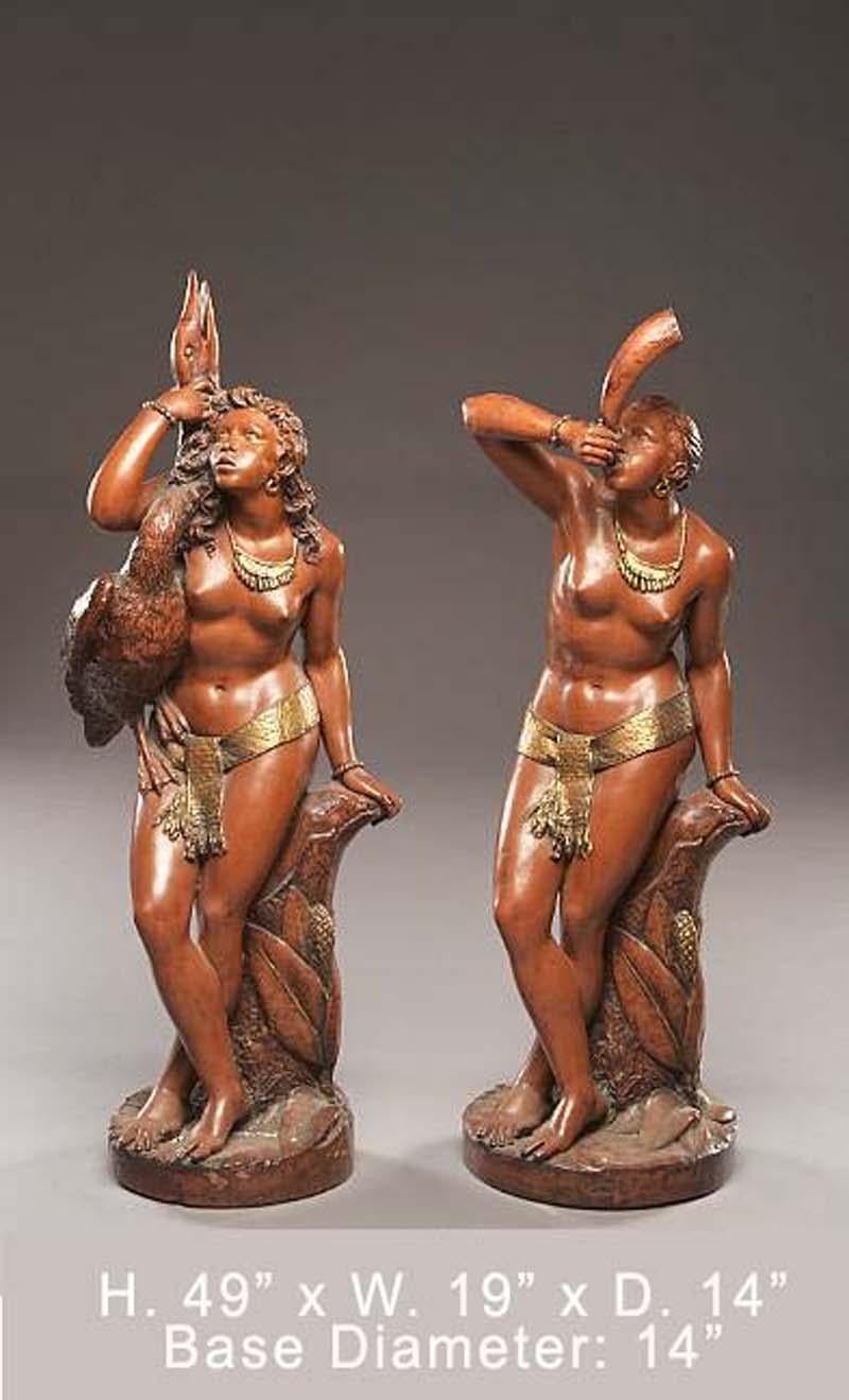 Hand-Painted Pair of Italian Parcel Gilt Terracotta Nude Figures, 19th Century For Sale
