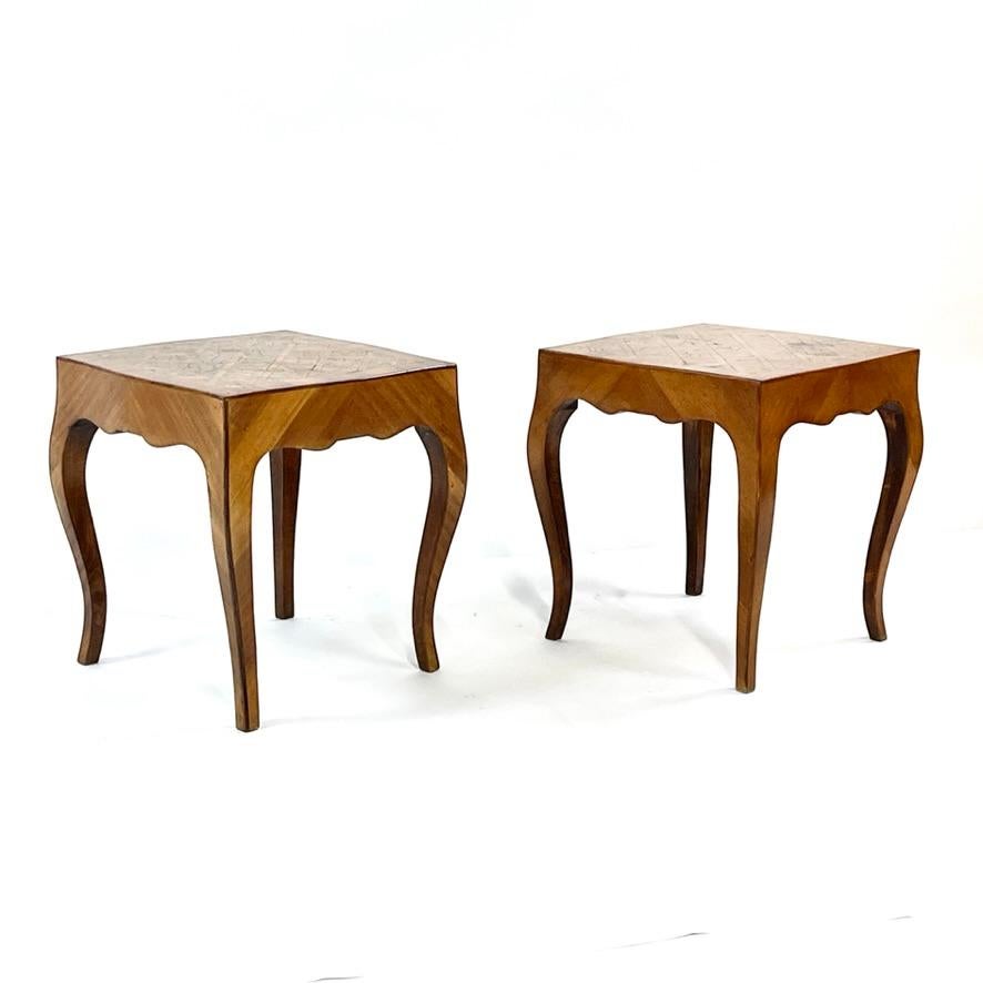 Pair Italian Parquetry Inlaid Burled Olive Wood Side Tables Louis XV Style For Sale 9
