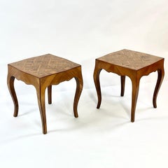 Pair Italian Parquetry Inlaid Burled Olive Wood Side Tables Louis XV Style