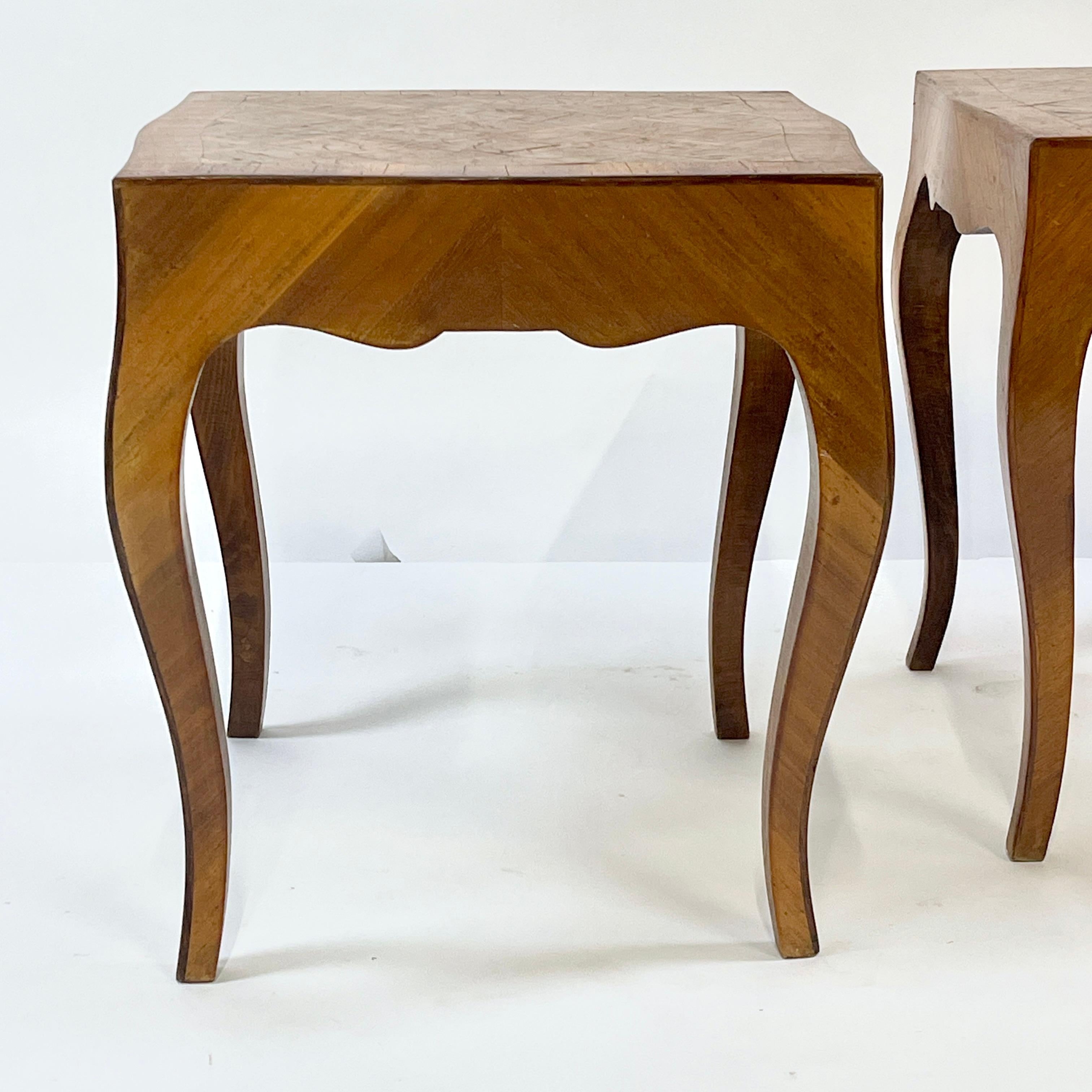 20th Century Pair Italian Parquetry Inlaid Burled Olive Wood Side Tables Louis XV Style For Sale