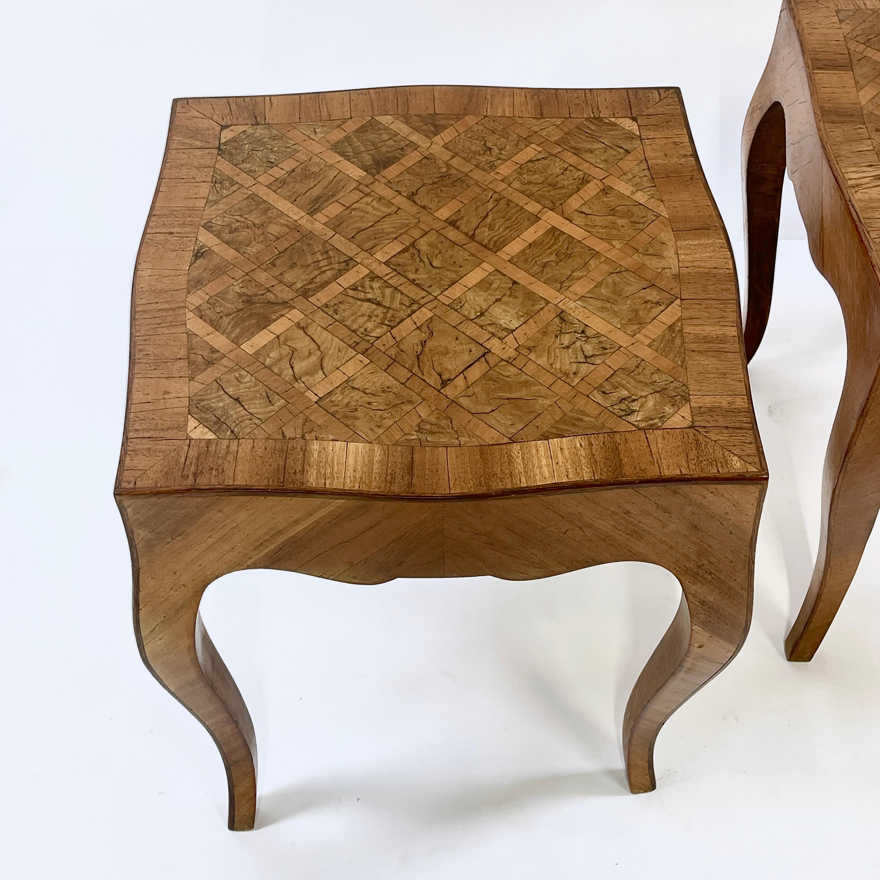 Pair Italian Parquetry Inlaid Burled Olive Wood Side Tables Louis XV Style For Sale 1