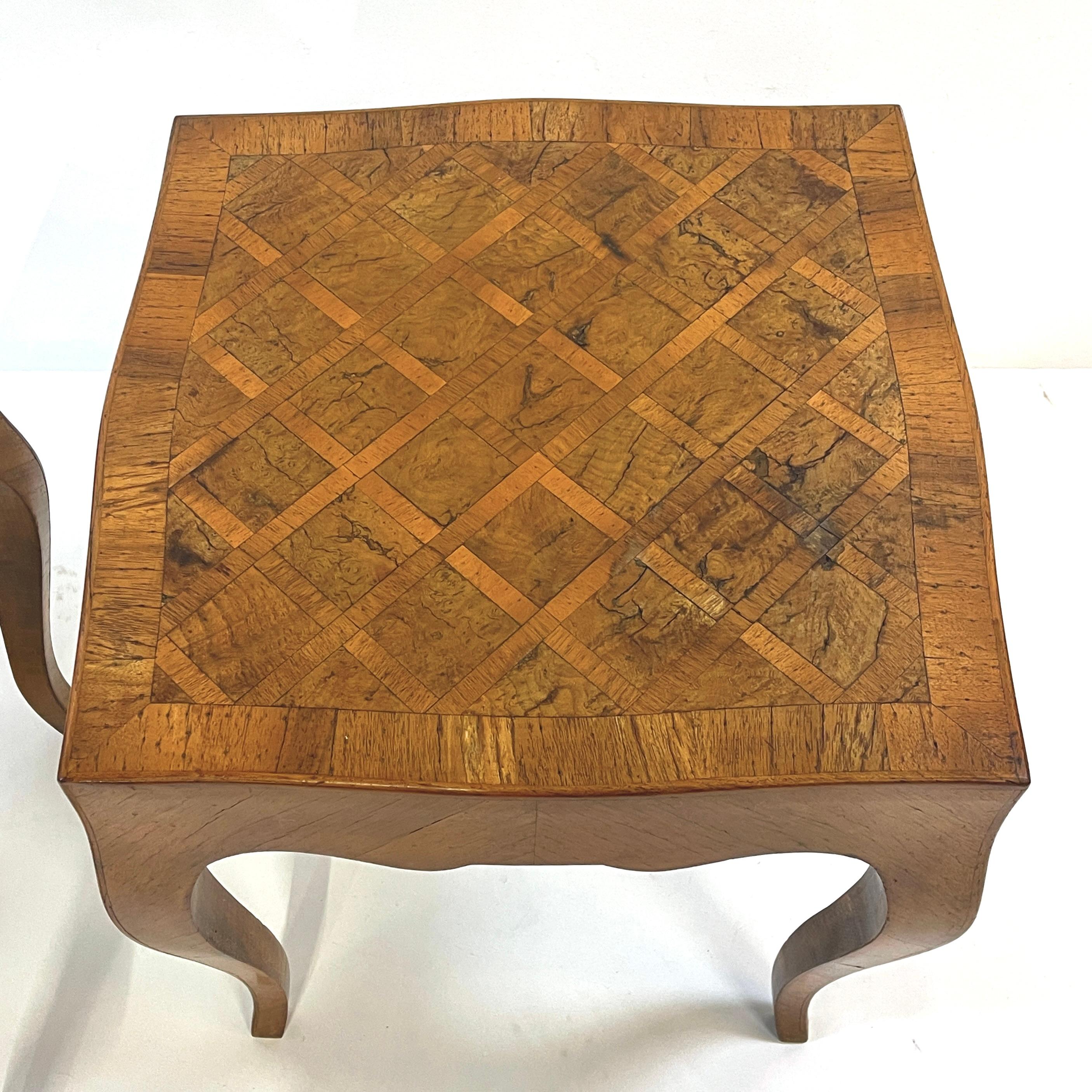Pair Italian Parquetry Inlaid Burled Olive Wood Side Tables Louis XV Style For Sale 4