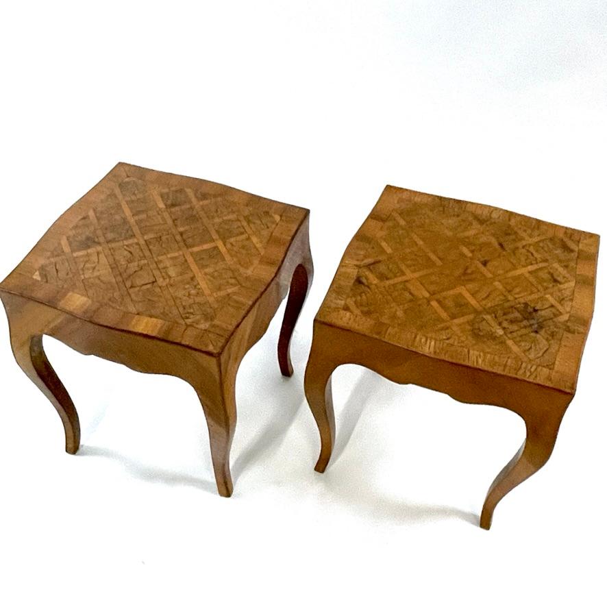 Pair Italian Parquetry Inlaid Burled Olive Wood Side Tables Louis XV Style For Sale 5
