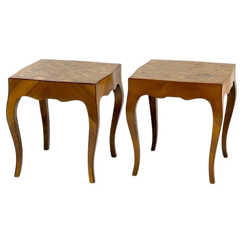 Pair Italian Parquetry Inlaid Burled Olive Wood Side Tables Louis XV Style