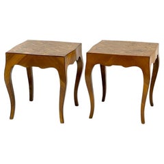 Vintage Pair Italian Parquetry Inlaid Burled Olive Wood Side Tables Louis XV Style