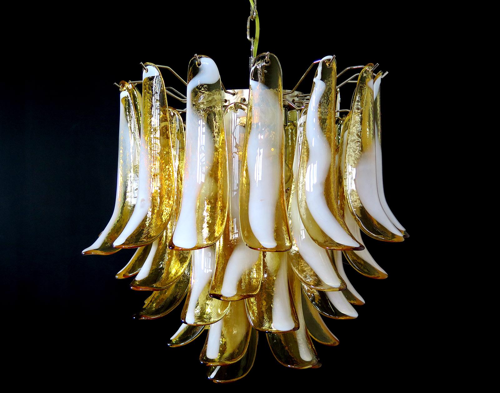 1970s Murano Italian glass chandelier. Fantastic chandelier with caramel and white “lattimo” glasses, nickel-plated metal frame. It has 41 big monumental petals glass. The glasses are very high quality, the photos do not do the beauty, luster of