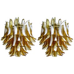 Vintage Pair of Italian 41 Caramel Petal Murano Chandeliers, Mazzega Style