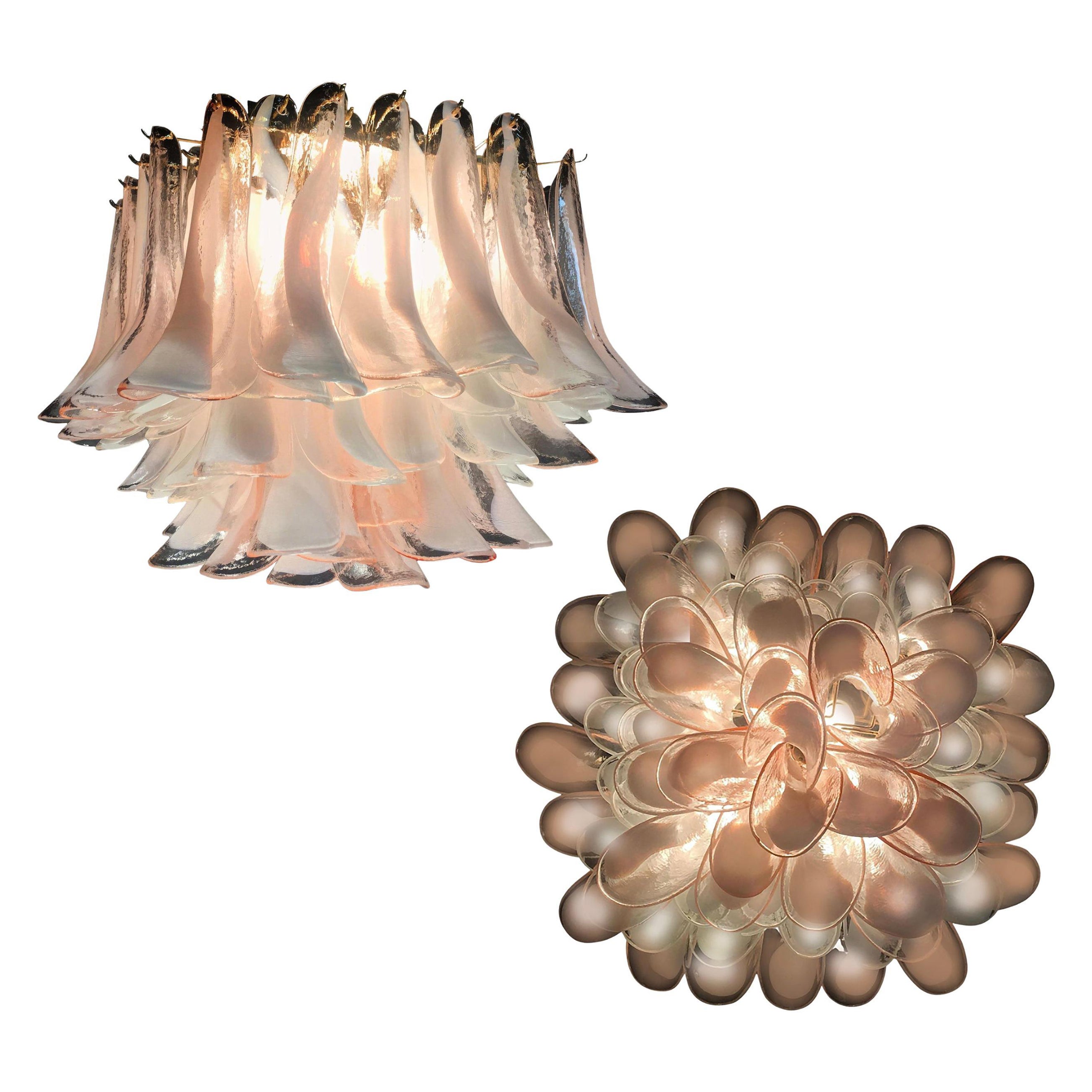 Pair Italian Petals Chandeliers Ceiling Lights, Murano