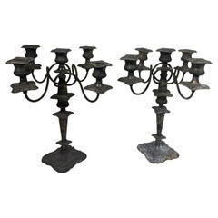 Antique Pair Italian Pewter Candlesticks with 5 Seats, Original Very Elegant and Heavy