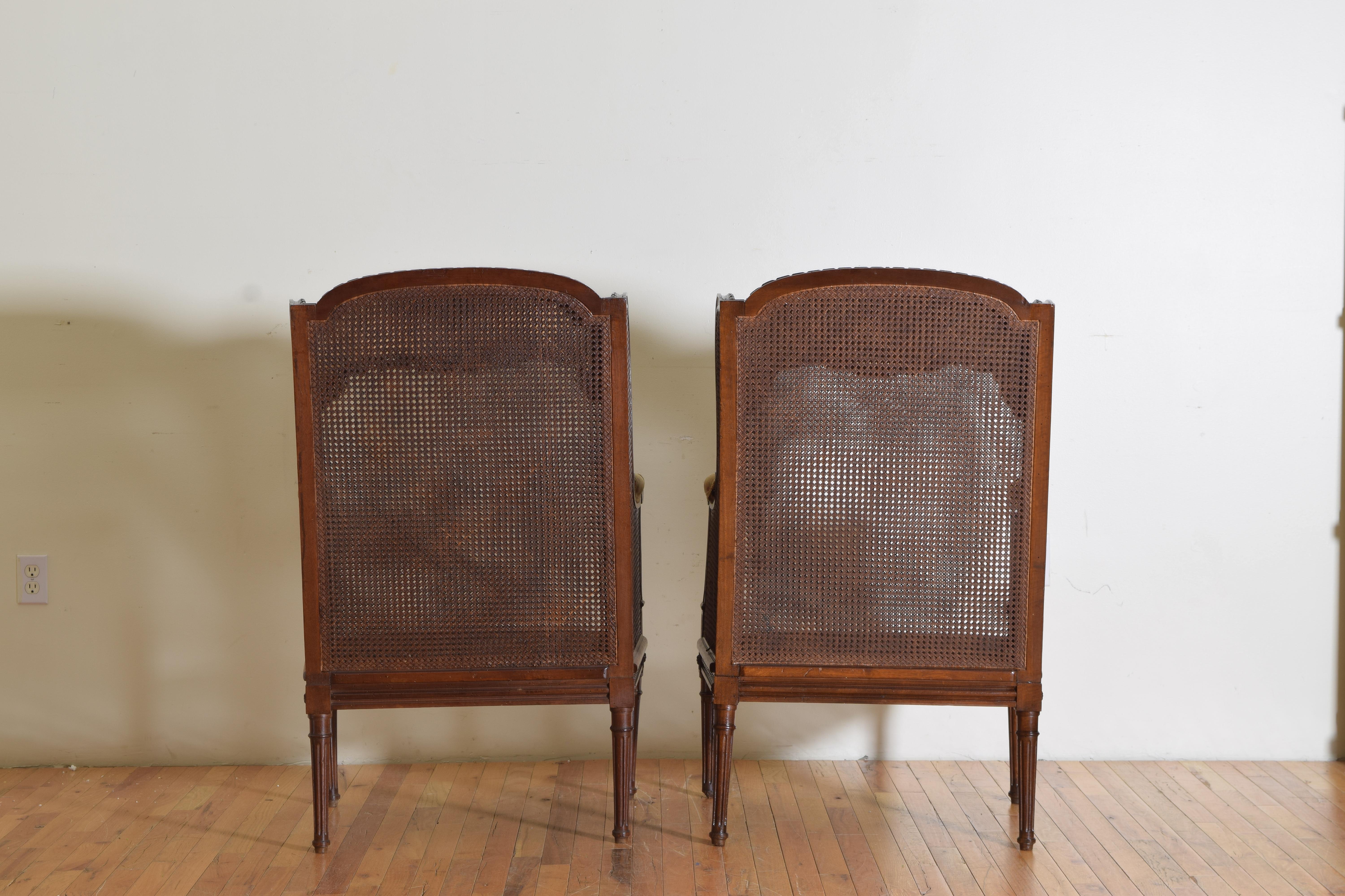 Late 19th Century Pair Italian, Piemontese, Carved Walnut and Caned Begeres, 3rdq 19th Century