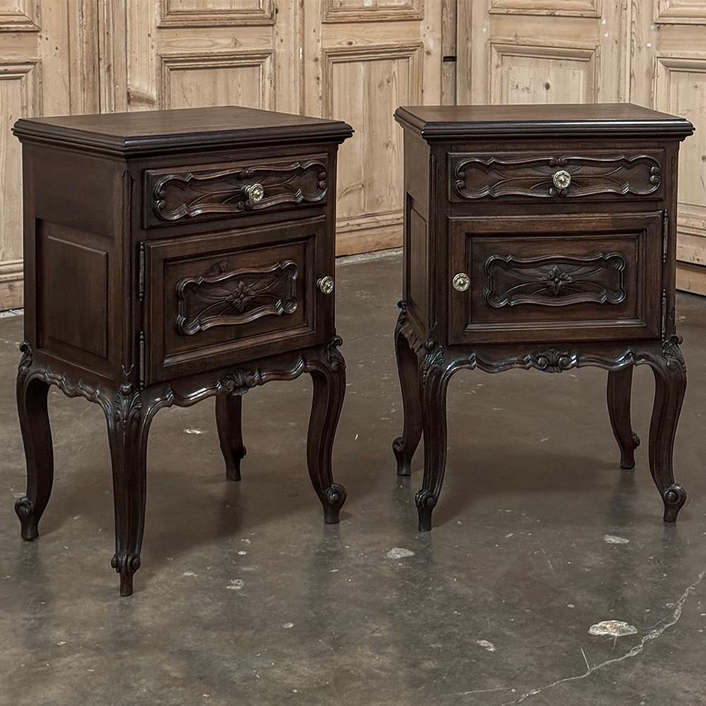Pair Italian Piemontese Walnut Nightstands ~ End Tables are great companions for any room ~ the bedroom, a seating group, even small niches.  Crafted from solid walnut, each features the trademark restrained molding detail typical of the region,