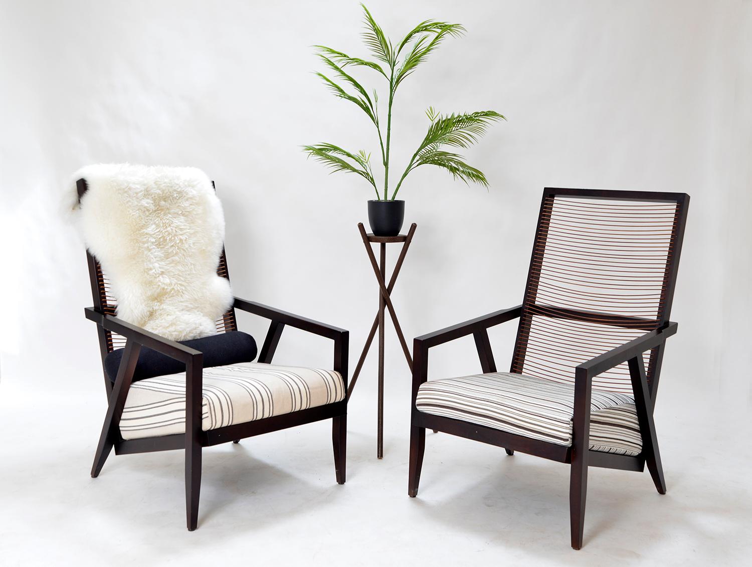 Stained Pair Italian Pierantonio Bonacina ‘Astoria HB’ Wood Leather Lounge Chairs 1990s