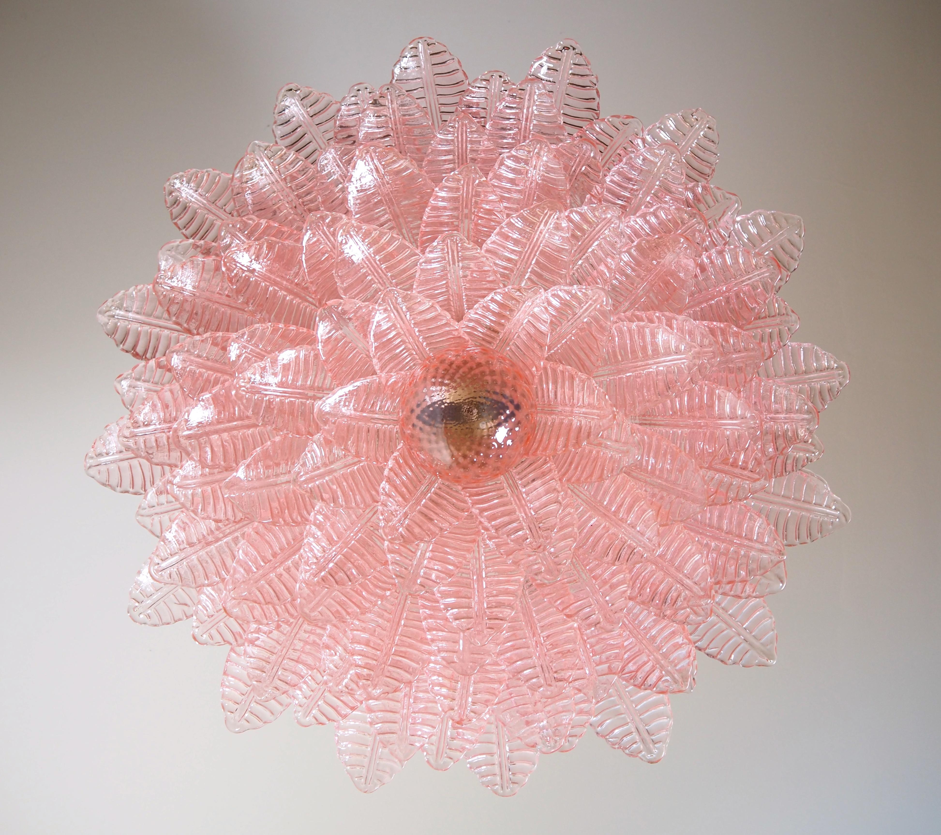 Pair Italian Pink Glass Ceiling Light Chandeliers, Murano, 1990 In Good Condition For Sale In Budapest, HU
