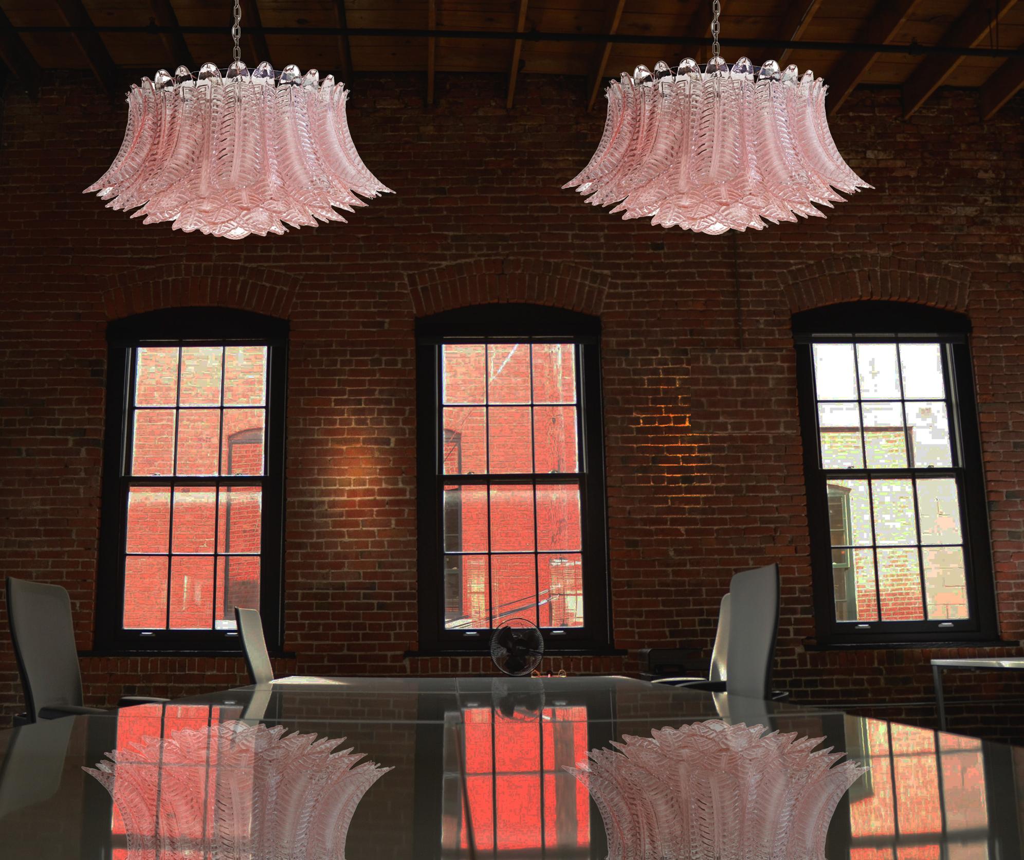 Metal Pair Italian Pink Glass Ceiling Light Chandeliers, Murano, 1990 For Sale